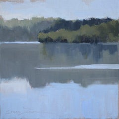 Reflecting de Sherrie Russ Levine, peinture de paysage encadrée, bleue, eau