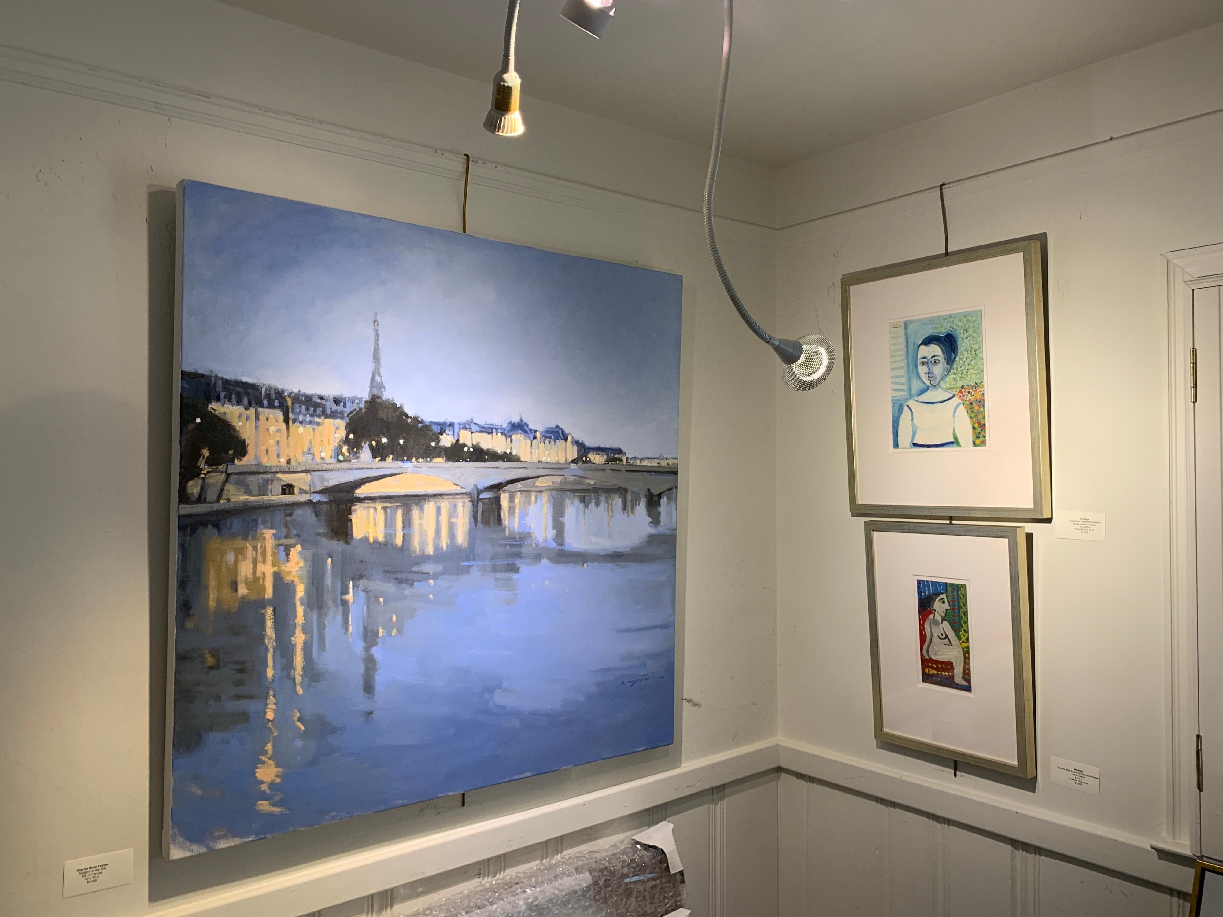 'Twilight on the City' was painted by American artist Sherrie Russ Levine in 2021.  It's a large, impressionist square cityscape painting of Paris.  The painterly and luminescent scene captures the beauty and energy of Paris  flawlessly.  We see the