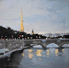Views from the Seine, No. 18 by Sherrie Russ Levine, Parisian Painting, Blue