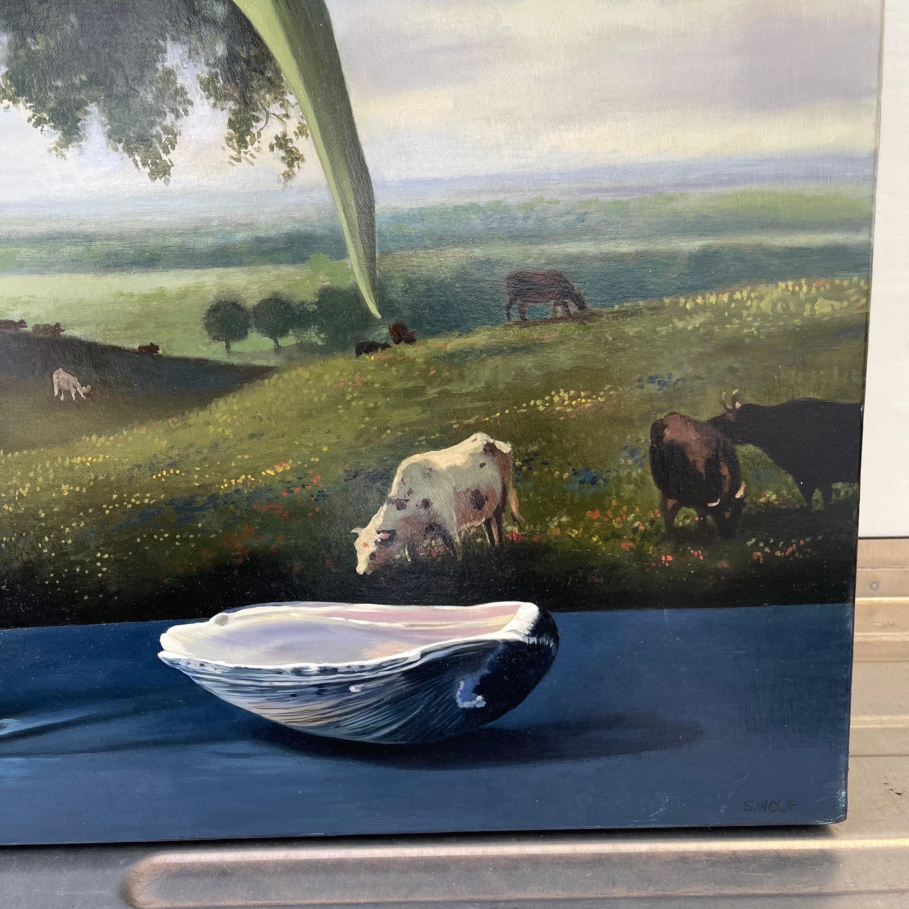 Sherrie Wolfs Gegenüberstellung von fotorealistischen Stillleben vor dem Hintergrund alter Meister und anderer historisch bedeutender Werke hat ihr den Ruf einer postmodernen Meisterin eingebracht. Dieses Gemälde bezieht sich auf Albert Bierstadts