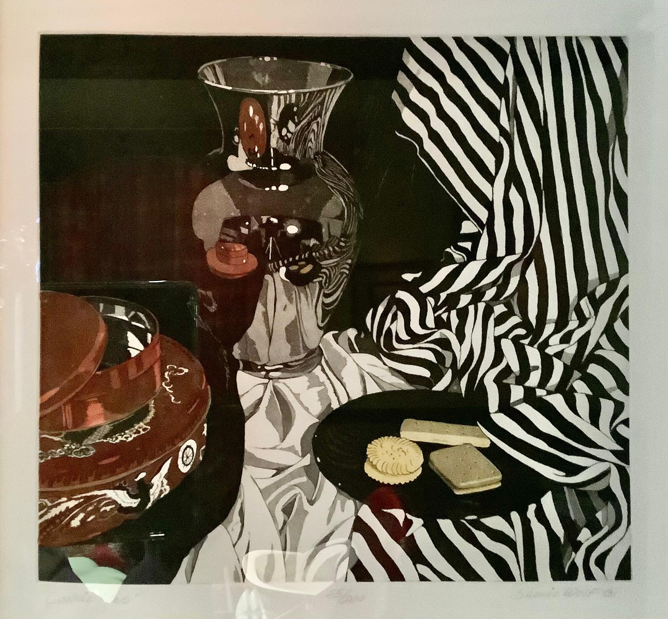 Sherrie Wolf Stripes and Pear Cookie Tin Still Life Signed Numbered Aqua Tint  For Sale 1