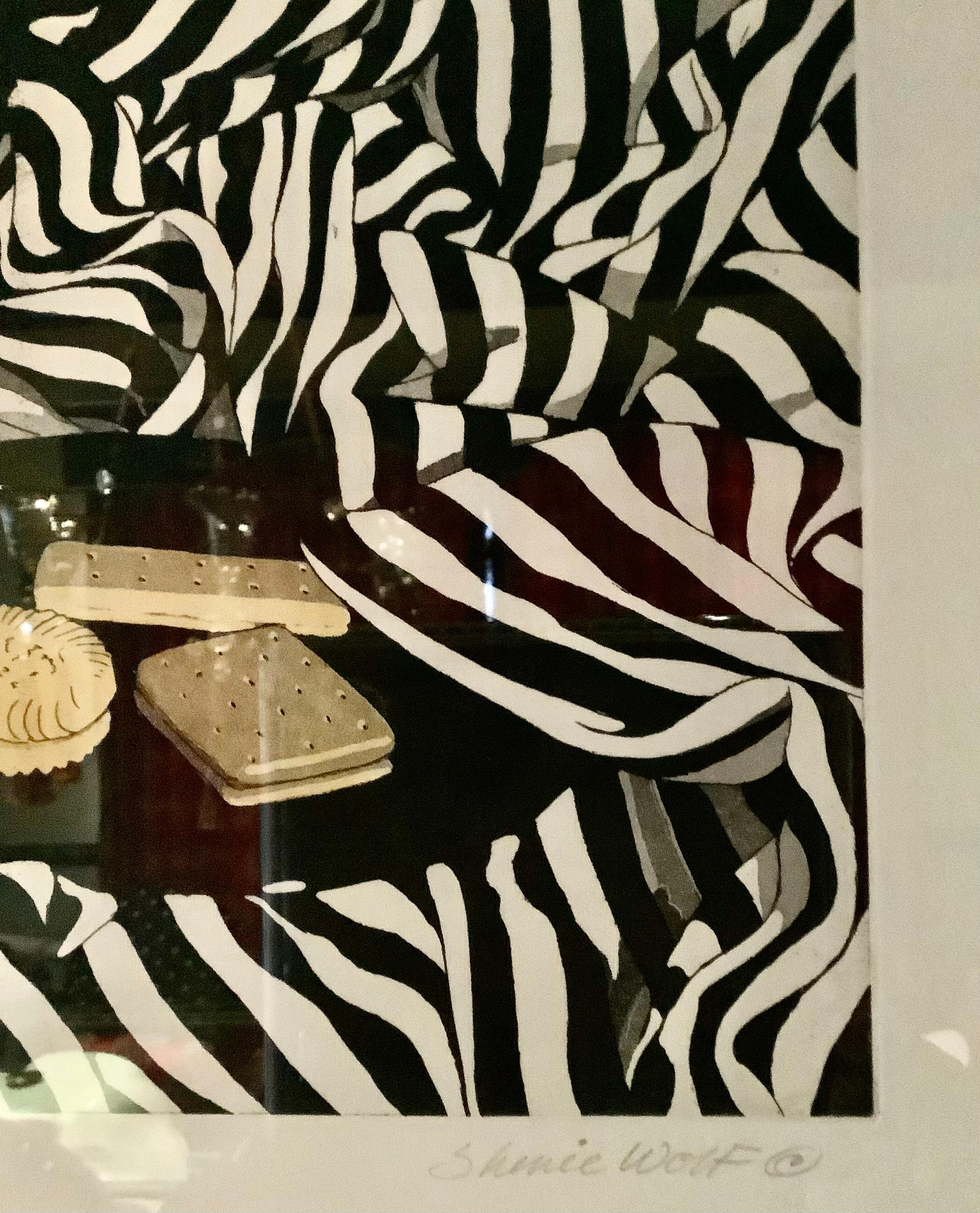 Provincial français Sherrie Wolf Stripes and Pear Cookie Tin Still Life signée et numérotée Aqua Tint  en vente