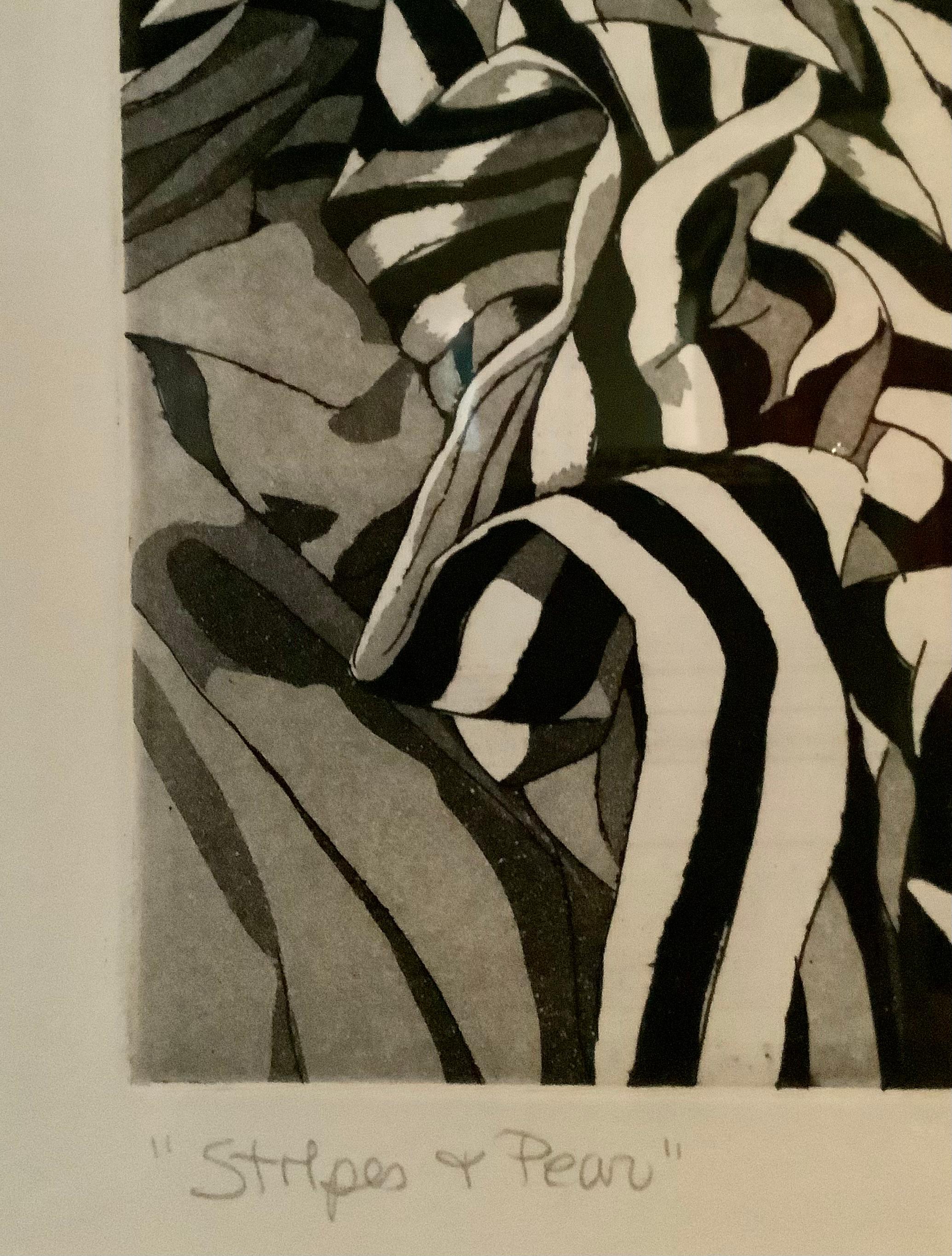 Sherrie Wolf Stripes and Pear Cookie Tin Still Life Signed Numbered Aqua Tint In Excellent Condition For Sale In Locust Valley, NY