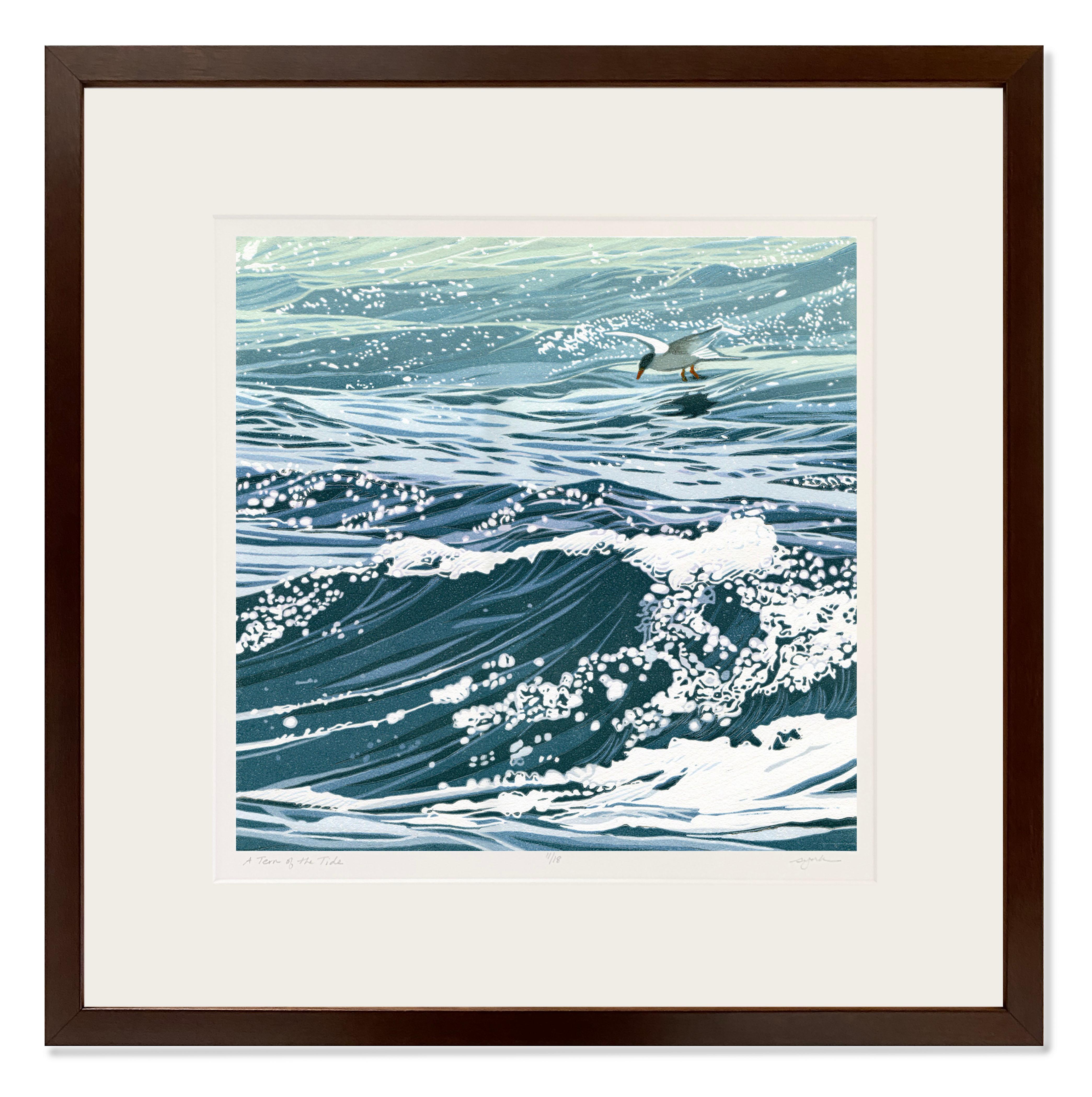 A Tern of the Tide (Reduction Linocut, deep sea blue, sea foam green, white) - Print by Sherrie York