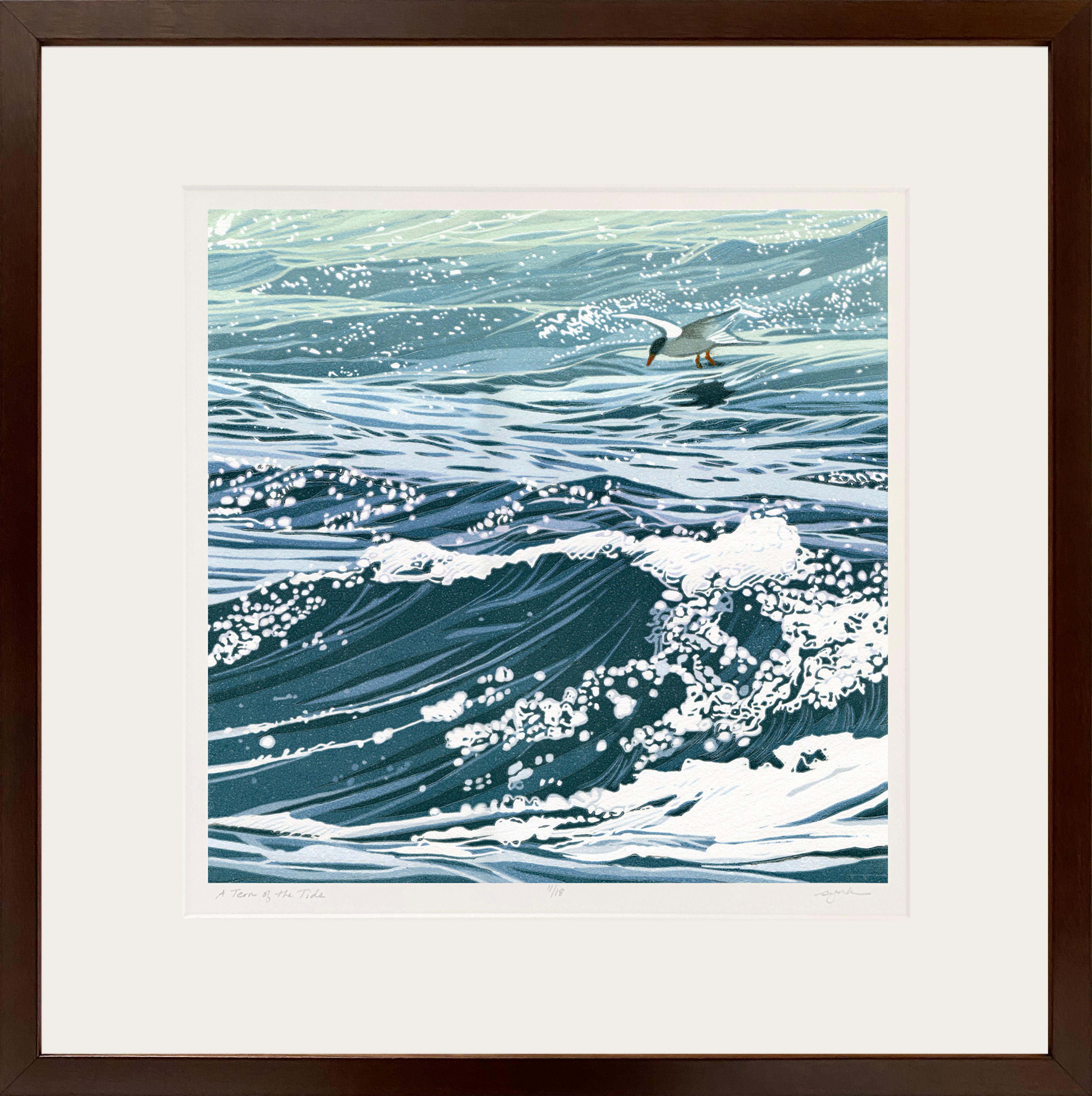 Sherrie York Landscape Print - A Tern of the Tide (Reduction Linocut, deep sea blue, sea foam green, white)