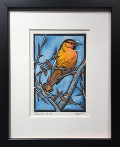 Bullocks Oriole (golden, purple skies, handmade paper)