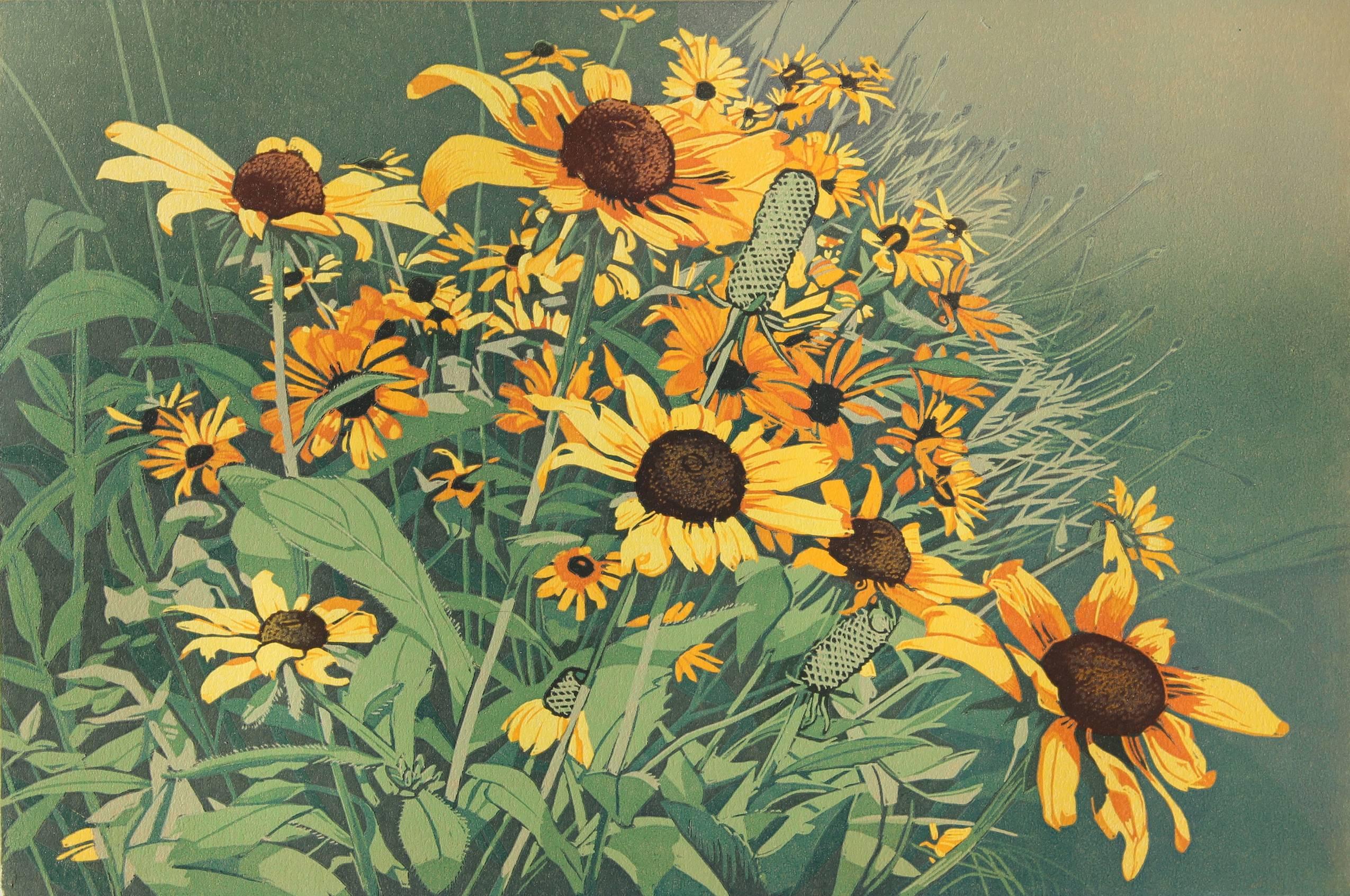 Sherrie York Landscape Print - Late Summer Blooms (sunflowers, green, yellow, linocut)