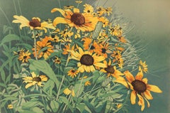 Late Summer Blooms (sunflowers, green, yellow, linocut)