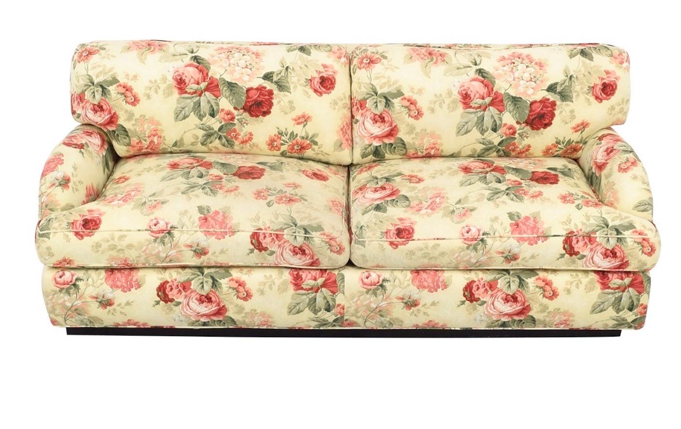 Sherrill custom English rose two-cushion rolled arm sofa, plinth base, loveseat. Gorgeous custom sofa.