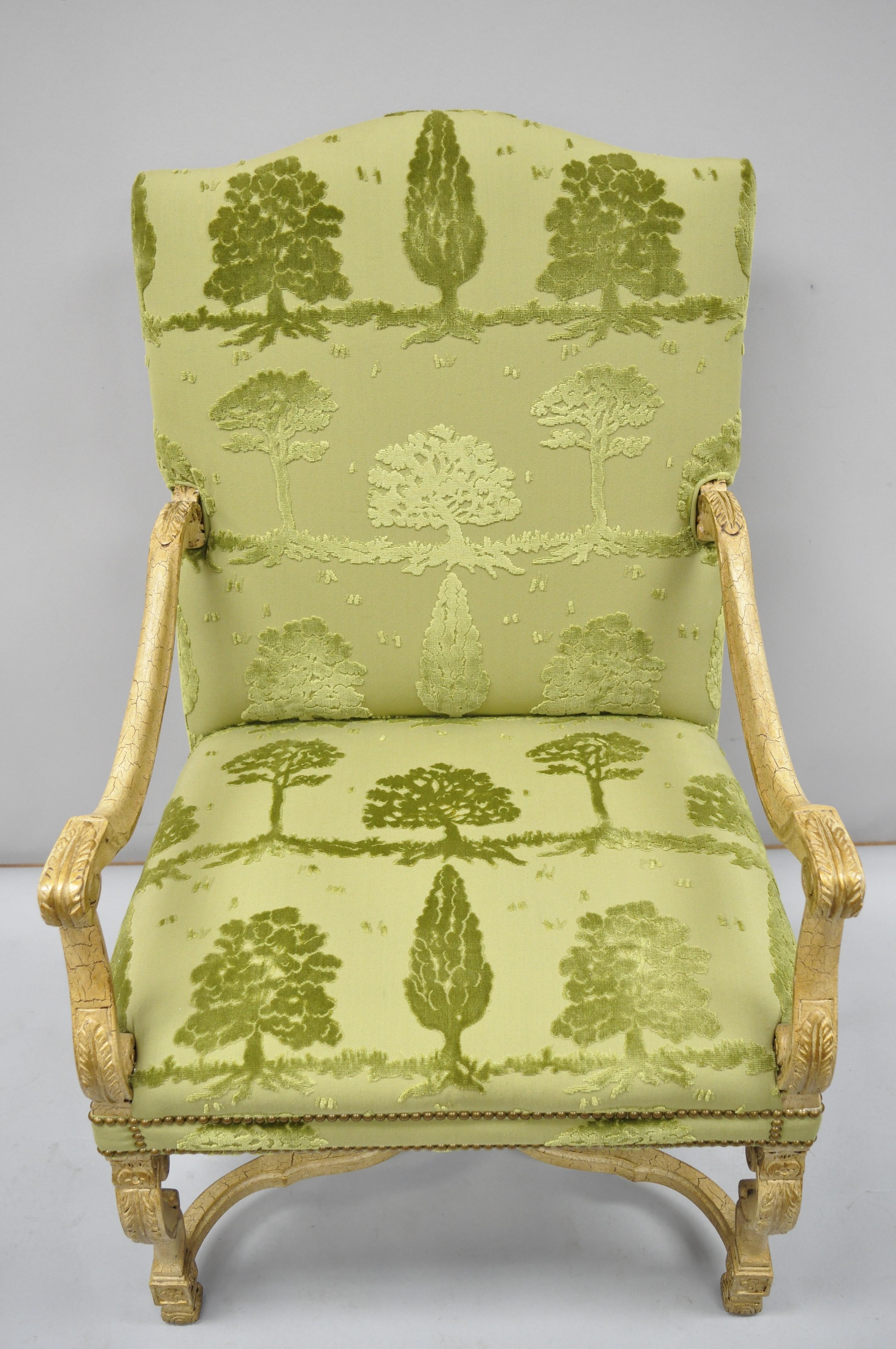 Sherrill Green Upholstered Italian Baroque Style Tall Back Throne Armchair 4