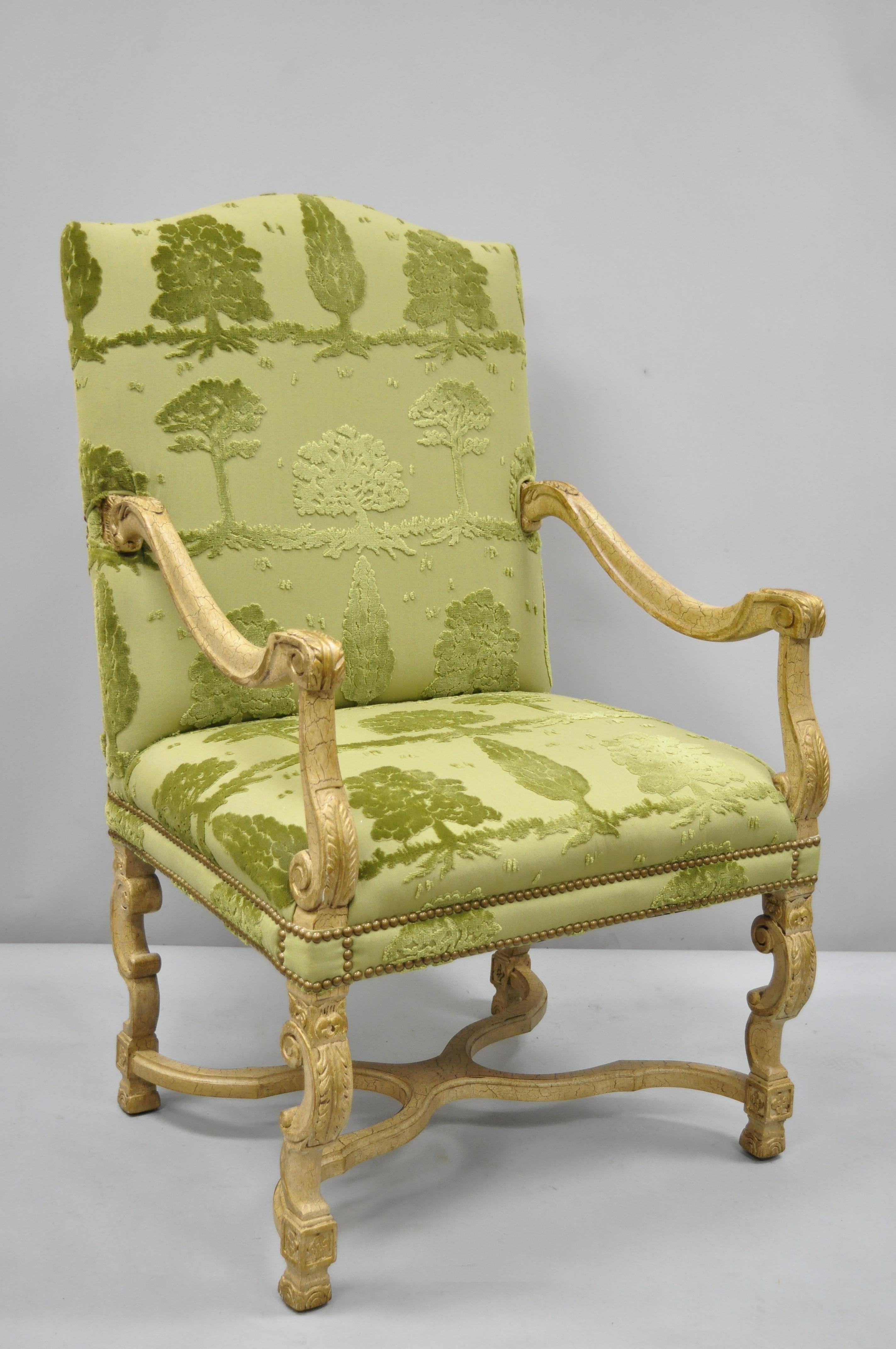 Sherrill Green Upholstered Italian Baroque Style Tall Back Throne Armchair 5