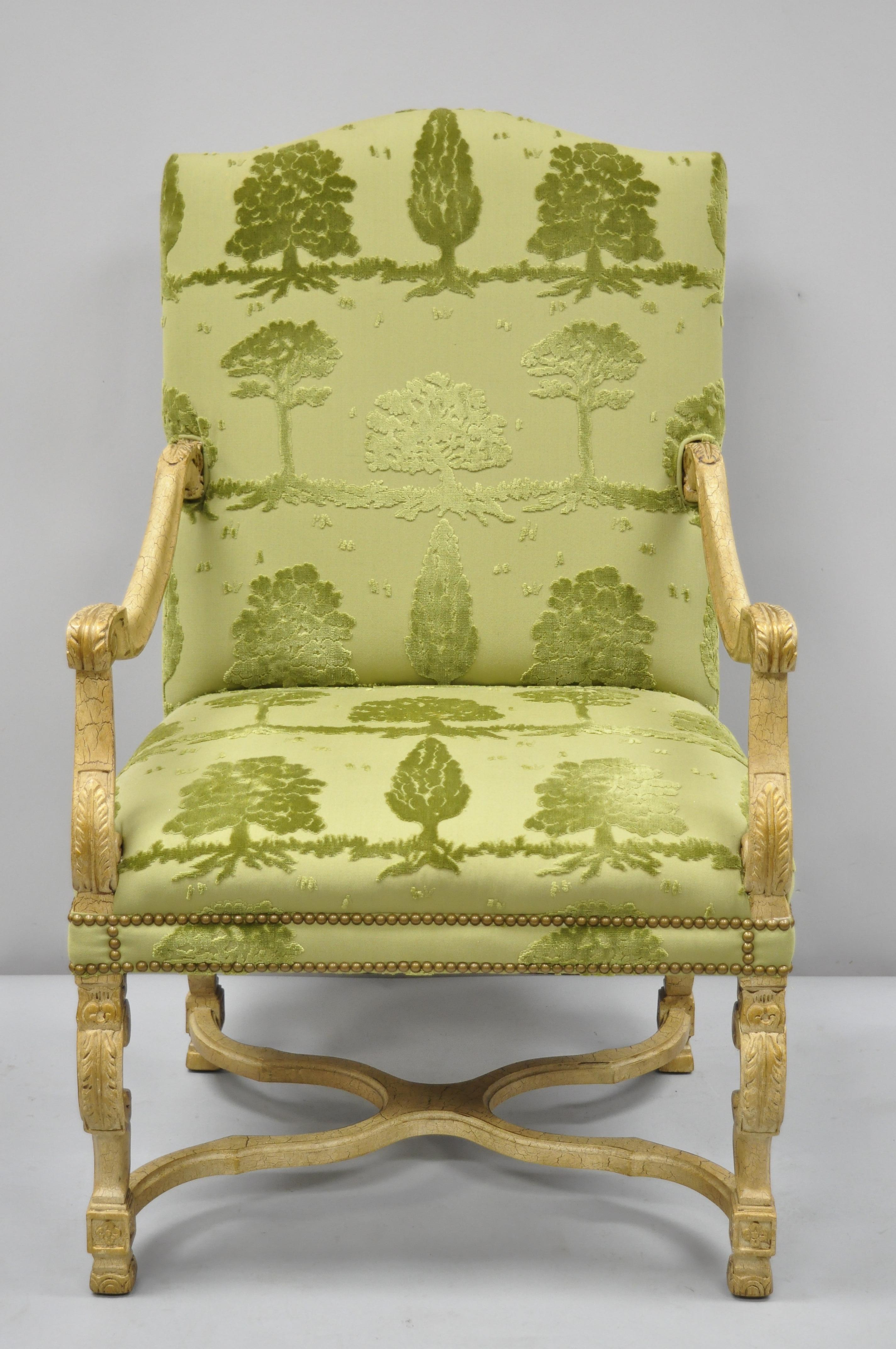 Sherrill green upholstered Italian baroque style tall back throne armchair. Item features original green fabric, solid wood construction, distressed finish, nicely carved details, original label, quality American craftsmanship, late 20th century.