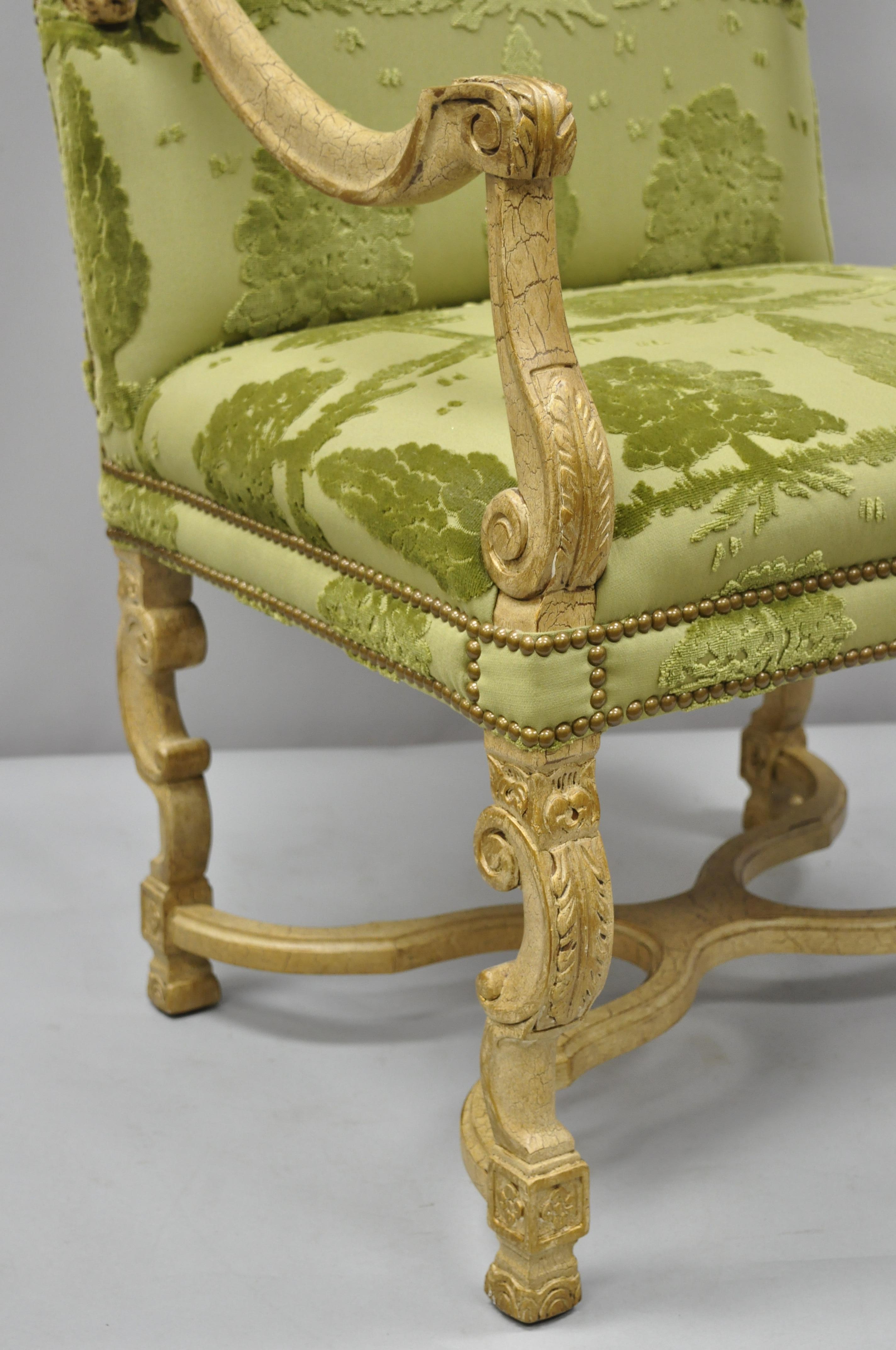 Sherrill Green Upholstered Italian Baroque Style Tall Back Throne Armchair In Good Condition In Philadelphia, PA