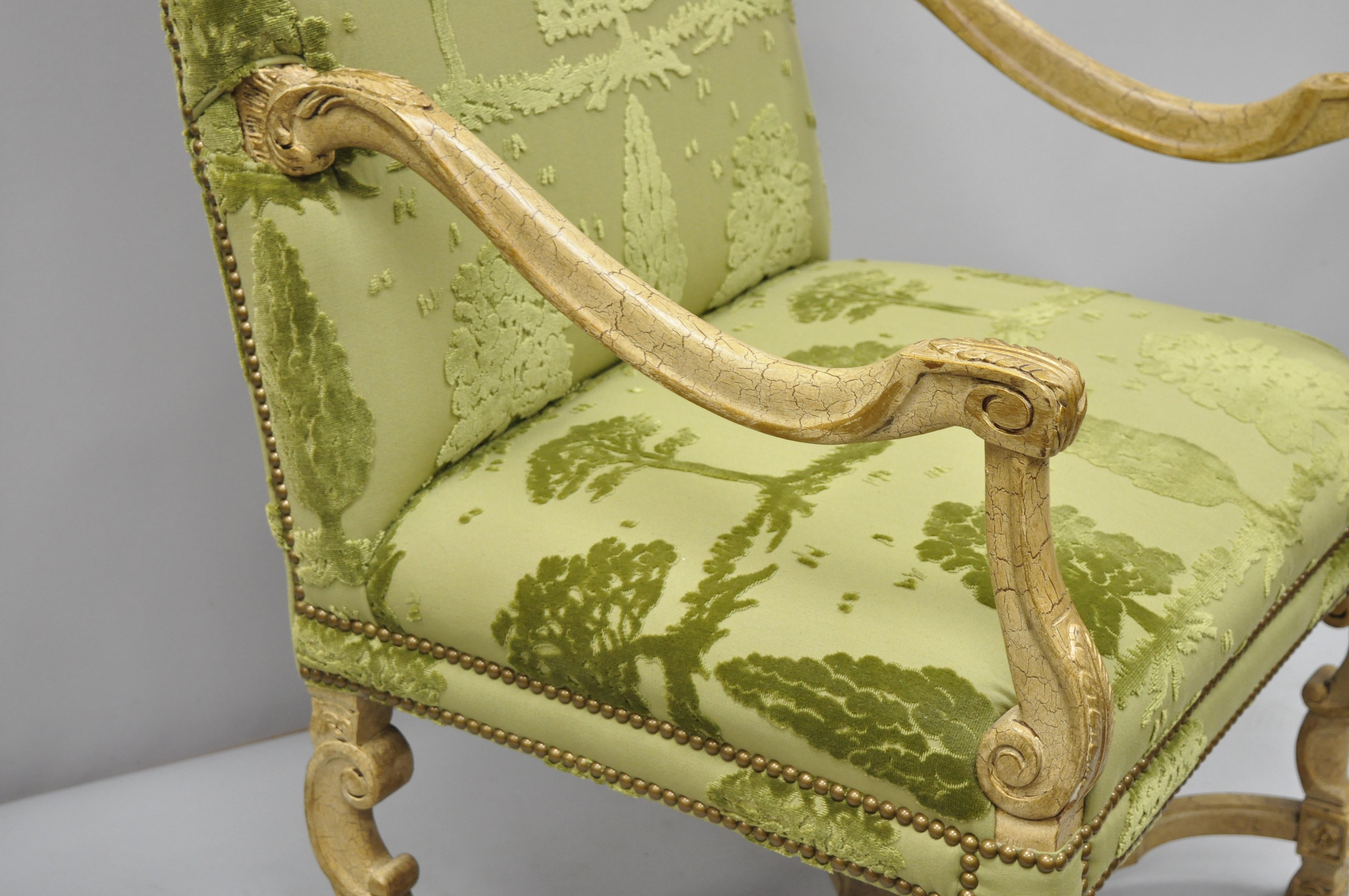 20th Century Sherrill Green Upholstered Italian Baroque Style Tall Back Throne Armchair