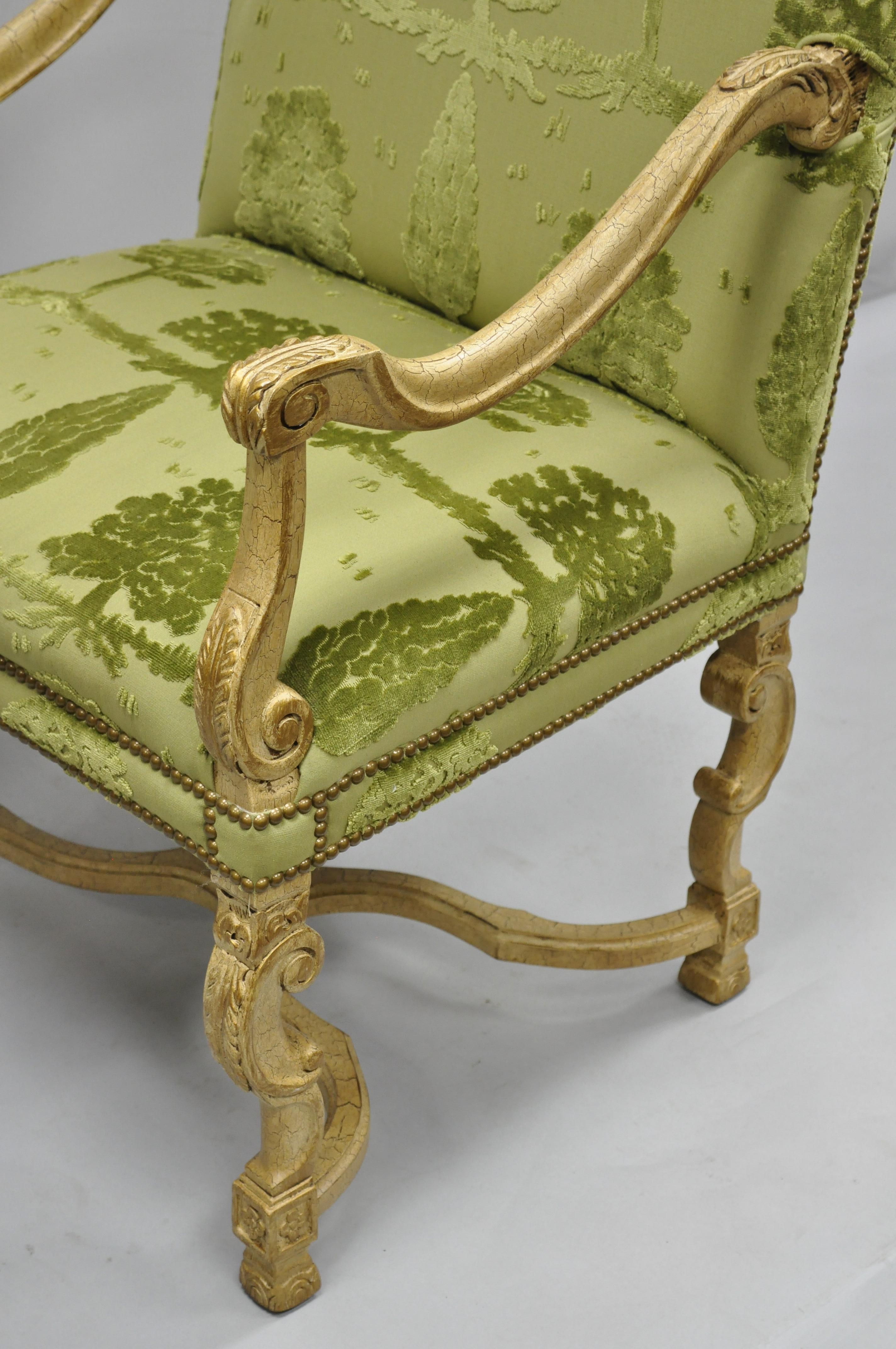 Fabric Sherrill Green Upholstered Italian Baroque Style Tall Back Throne Armchair