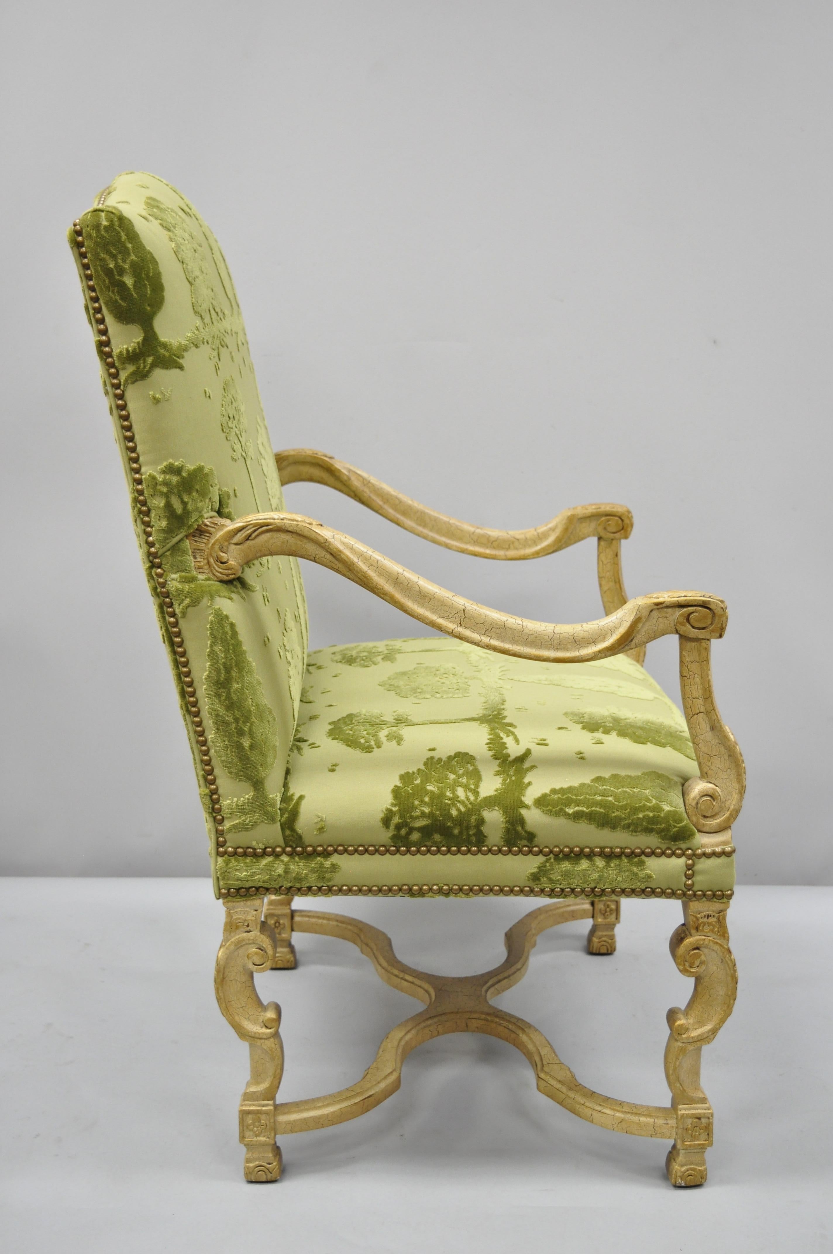 Sherrill Green Upholstered Italian Baroque Style Tall Back Throne Armchair 1