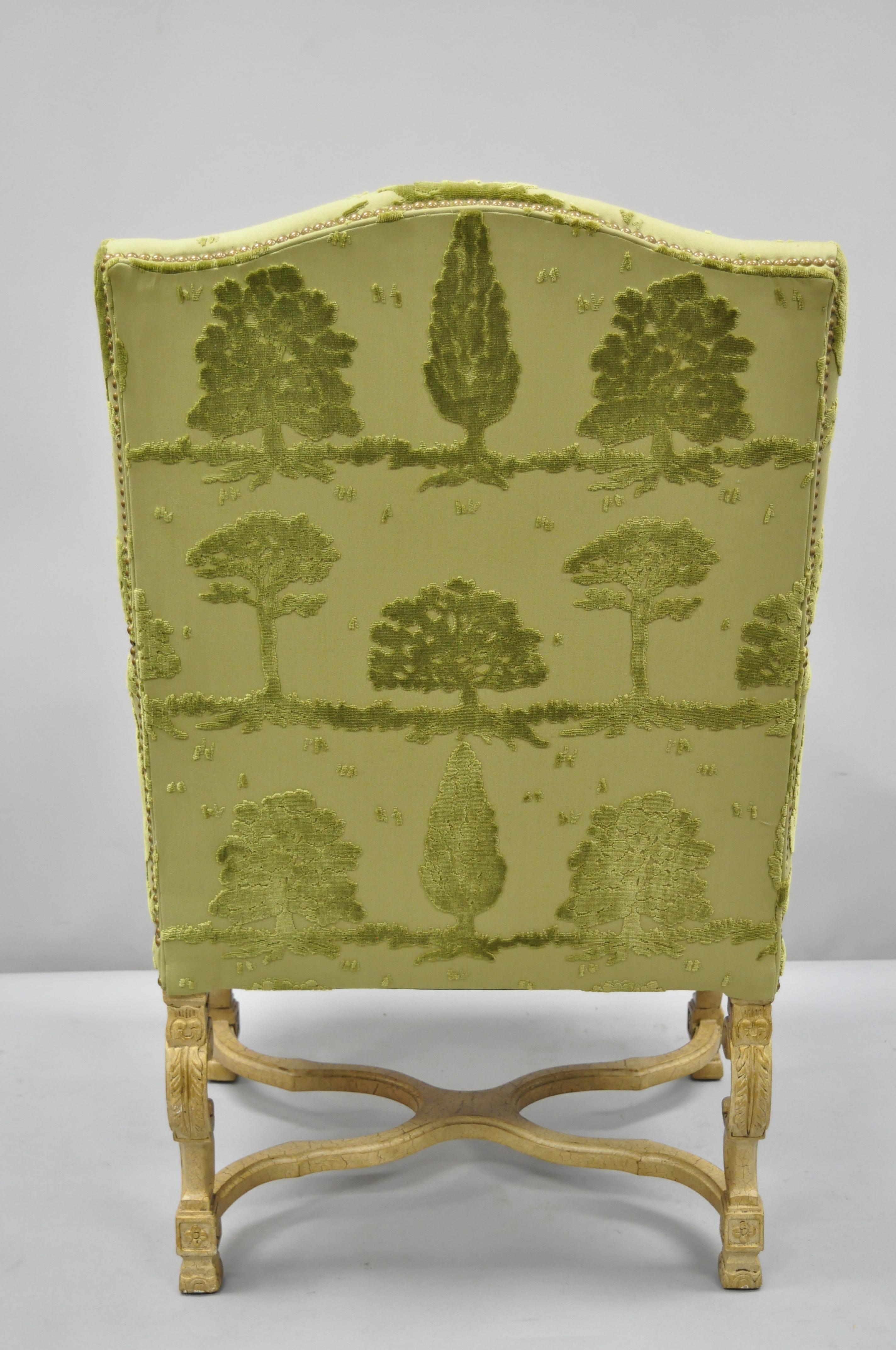 Sherrill Green Upholstered Italian Baroque Style Tall Back Throne Armchair 2
