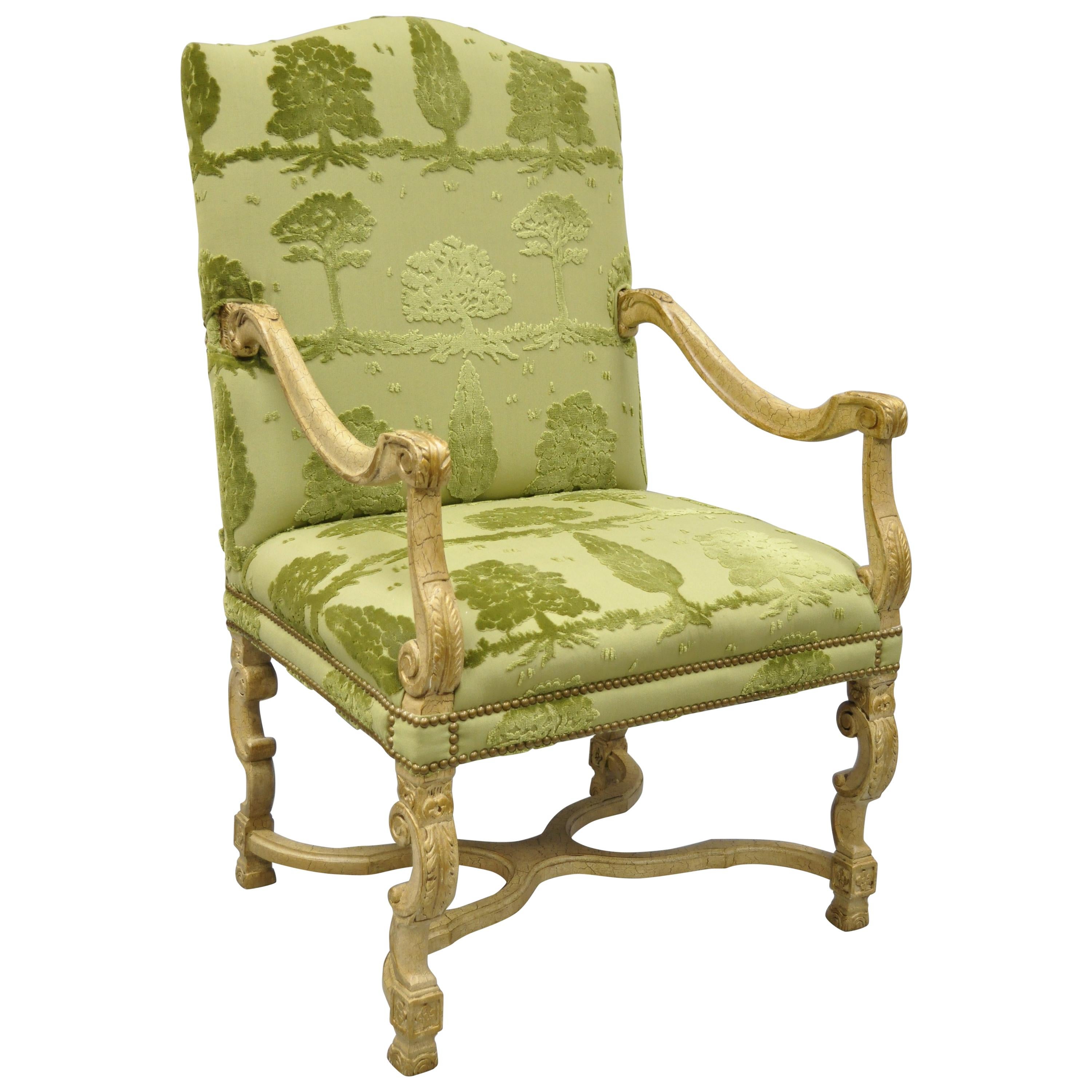 Sherrill Green Upholstered Italian Baroque Style Tall Back Throne Armchair