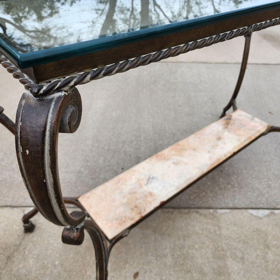 SHERRILL Patinated Console Table Iron Glass Marble 1970s For Sale 10