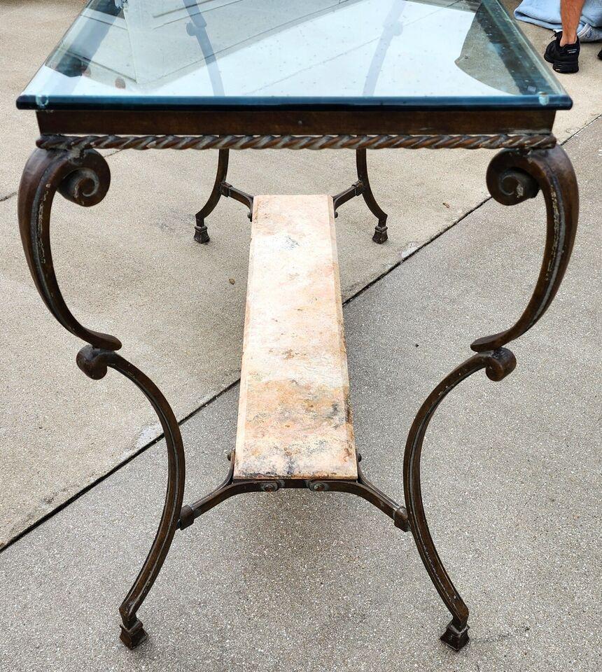 SHERRILL Patinated Console Table Iron Glass Marble 1970s In Good Condition For Sale In Lake Worth, FL