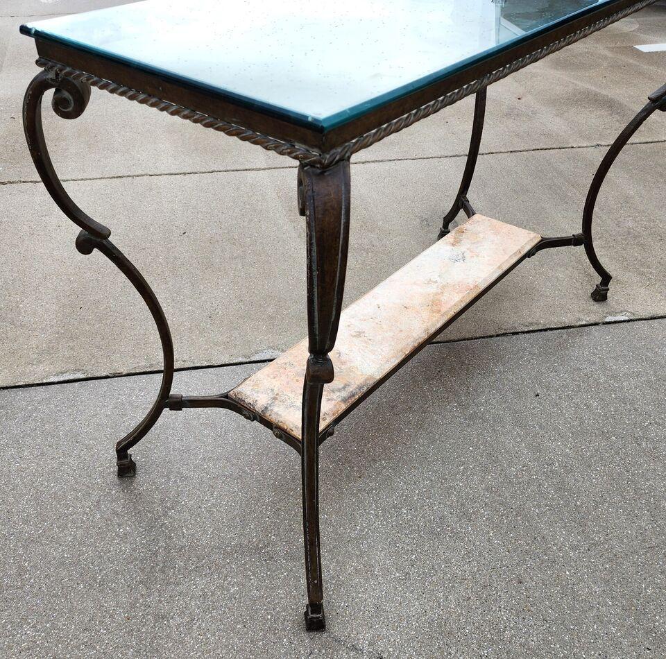 Table console patinée SHERRILL, en fer, verre et marbre, 1970 en vente 2