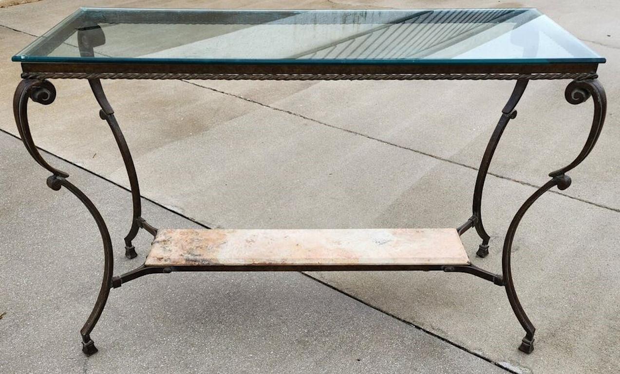Table console patinée SHERRILL, en fer, verre et marbre, 1970 en vente 4