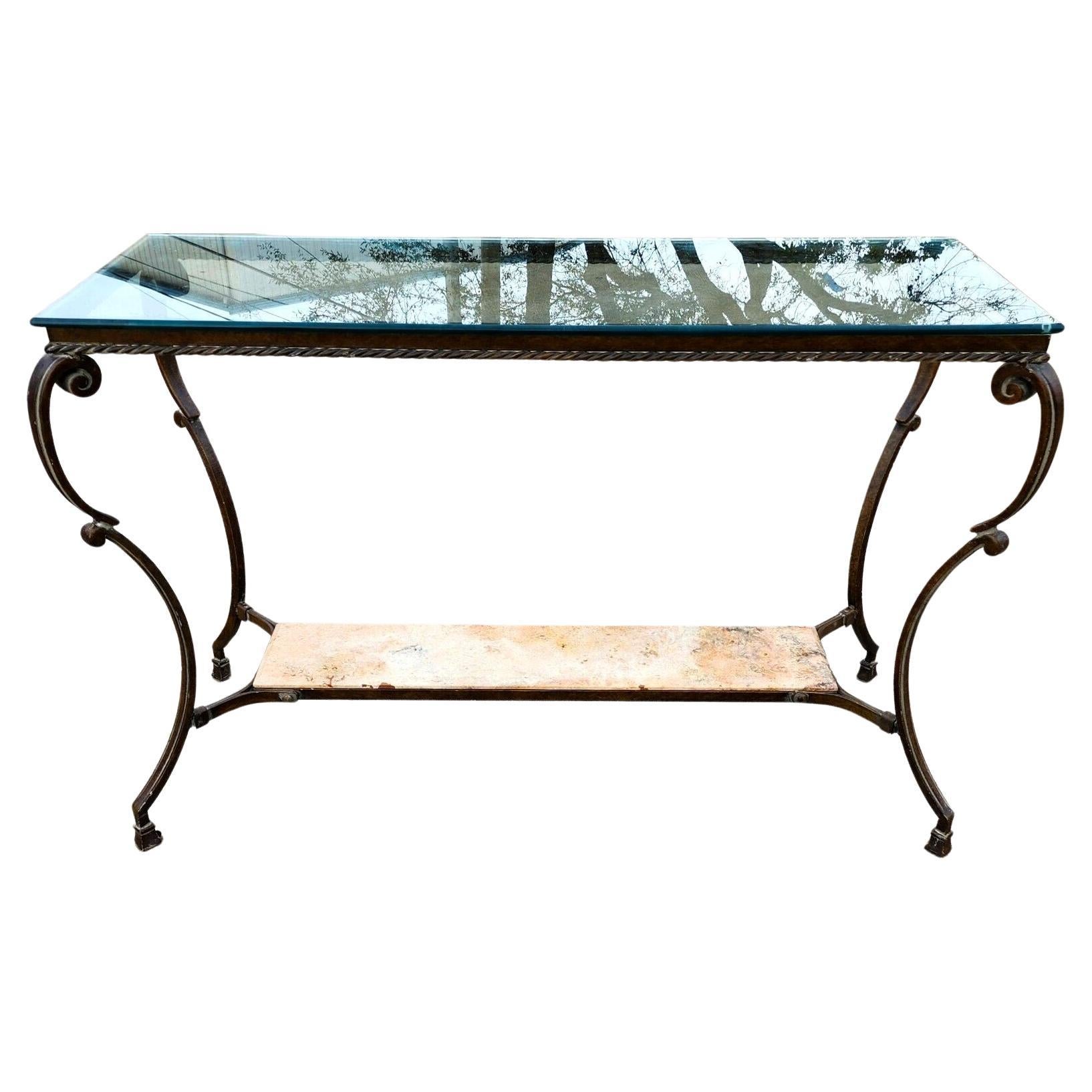 Table console patinée SHERRILL, en fer, verre et marbre, 1970 en vente