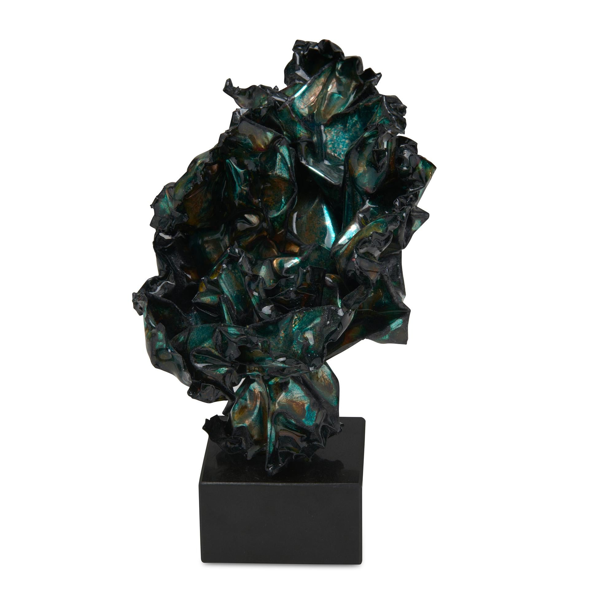 Shaped like an ancient bonsai, the sweeping nature of this sculpture is reminiscent of the care and love bestowed upon bonsai trees  throughout time.  Hues of rich greens, soft coppers, and gentle rose are instilled in every crevasse and fold.  