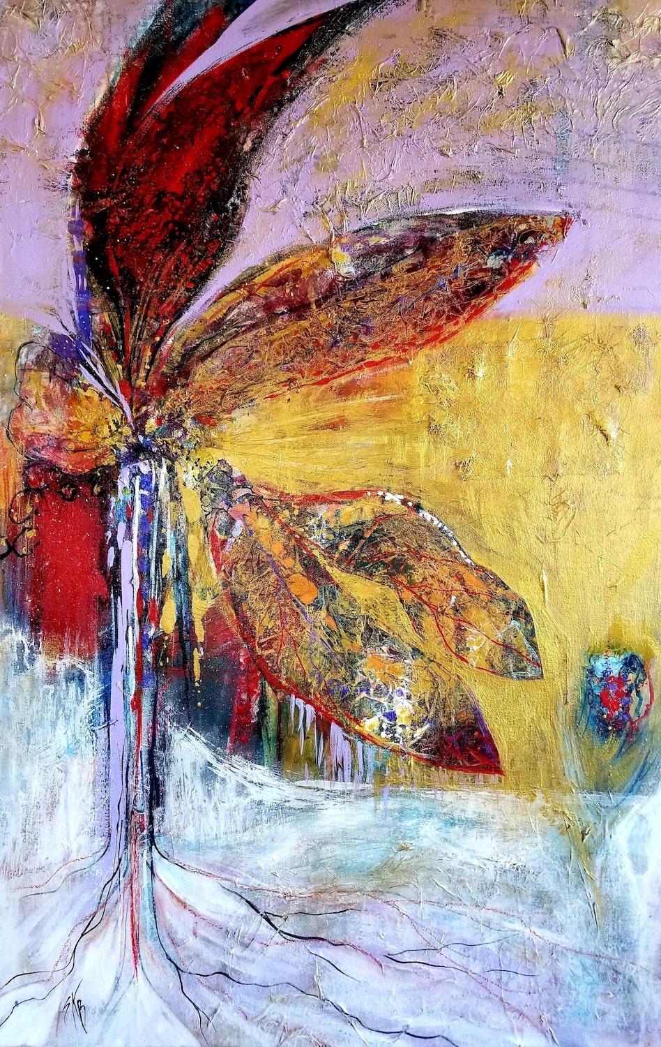Abstract Painting Sherry Krulle-Beaton - Peinture abstraite colorée en techniques mixtes intitulée « De La Tierra Blanca »