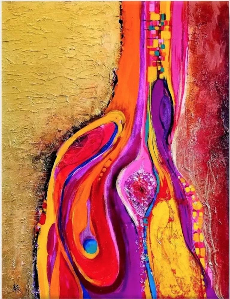 Peinture abstraite colorée en techniques mixtes intitulée « Ruban » - Abstrait Painting par Sherry Krulle-Beaton