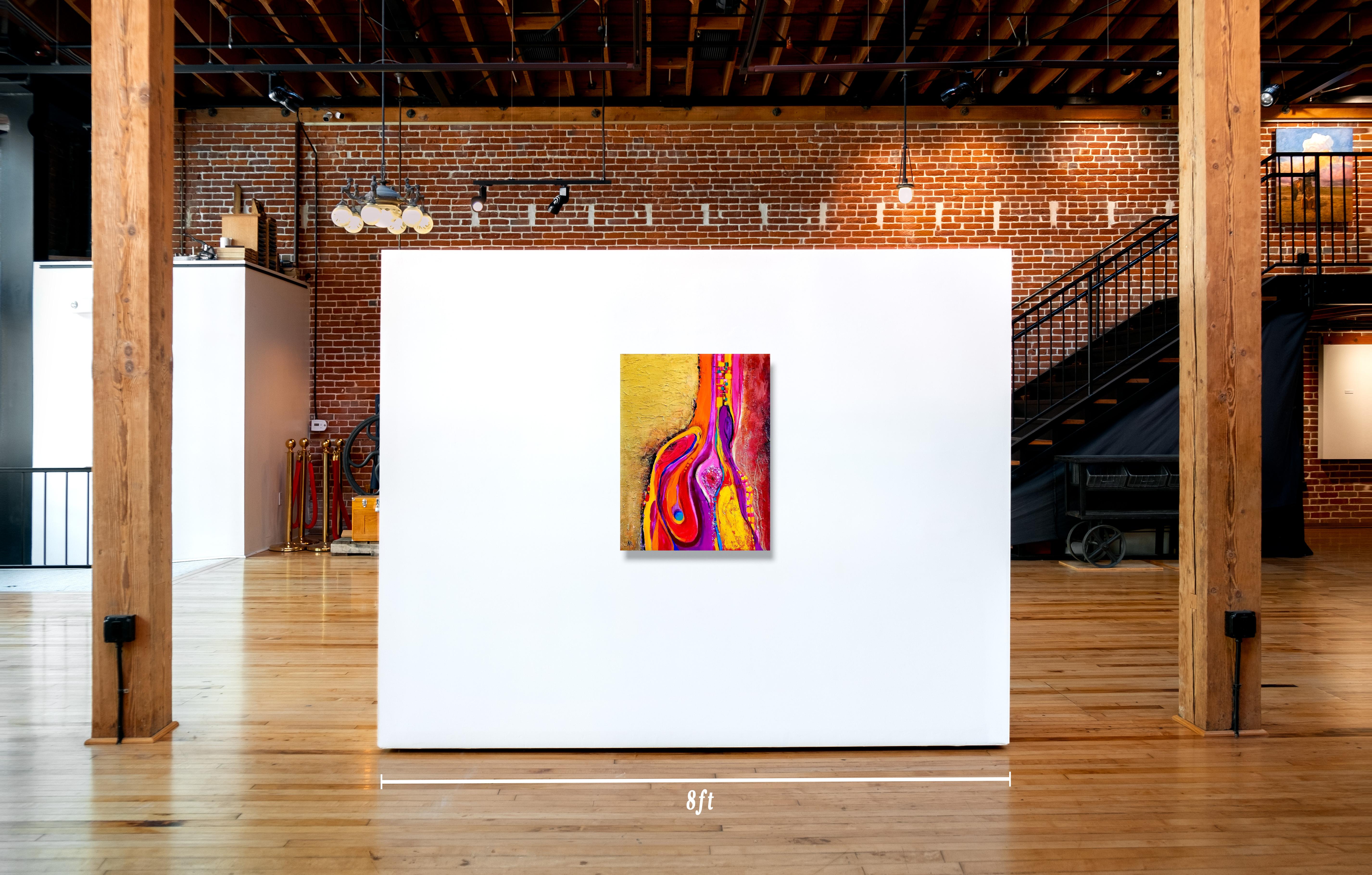 Peinture abstraite colorée en techniques mixtes intitulée « Ruban » - Orange Abstract Painting par Sherry Krulle-Beaton