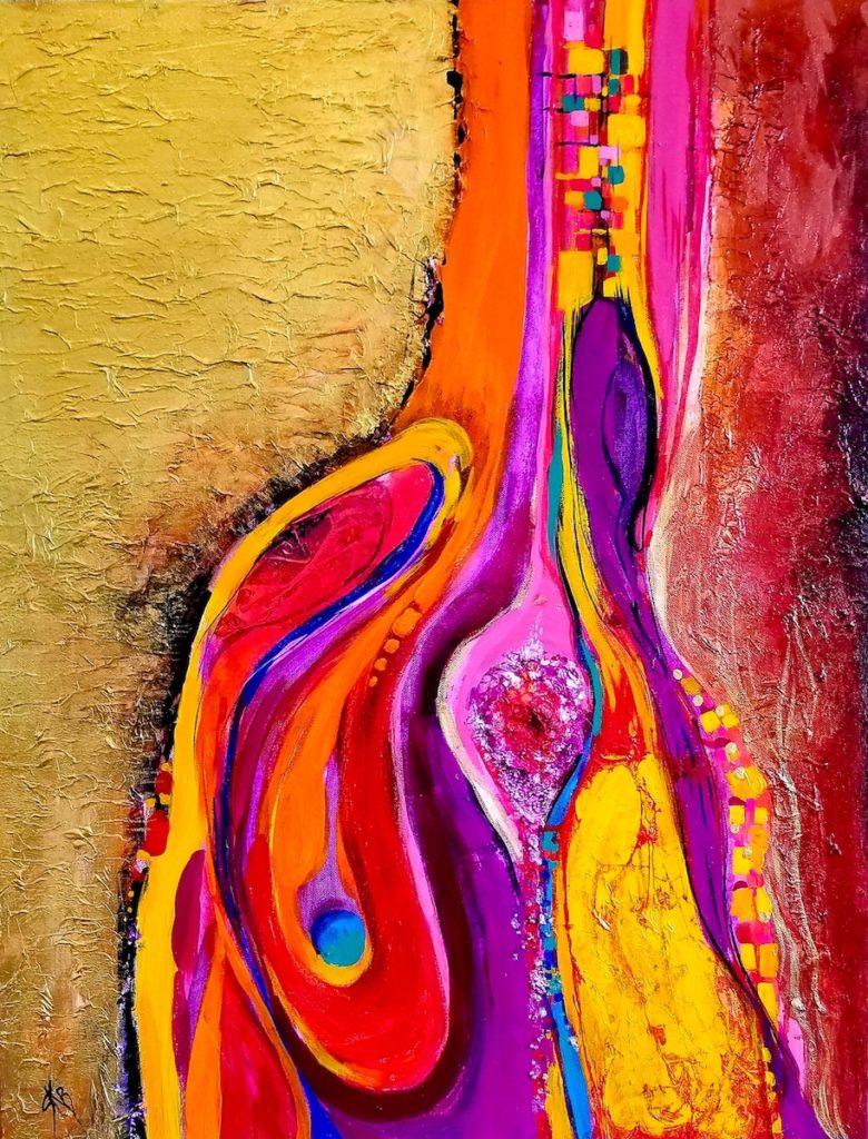 Abstract Painting Sherry Krulle-Beaton - Peinture abstraite colorée en techniques mixtes intitulée « Ruban »