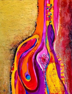 Peinture abstraite colorée en techniques mixtes intitulée « Ruban »