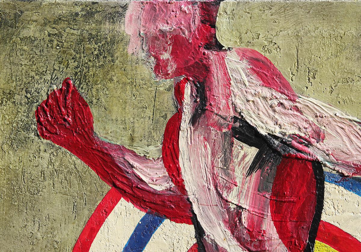 Grün getöntes abstraktes figuratives Gemälde der Künstlerin Sherry Sullivan aus Houston, TX. Das Gemälde zeigt eine abstrahierte Figur eines Marathonläufers mit entblößten Muskeln, der an einer bunten runden Zielscheibe vor grünem Hintergrund