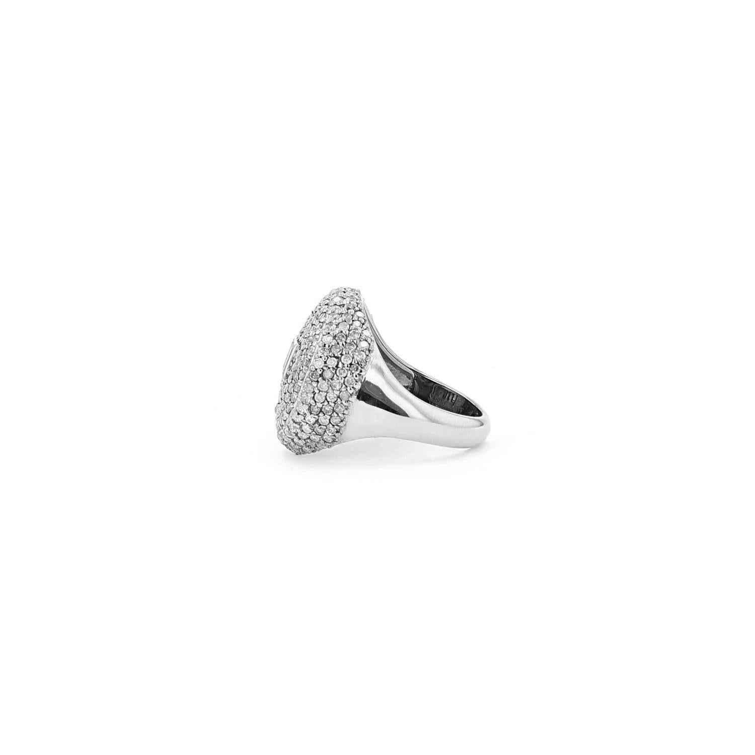 -Sterling silver
-Diamonds, approximately 2.67 carats
-20mm diameter
-Size 7, sizable upon request
-Style number R0064-7