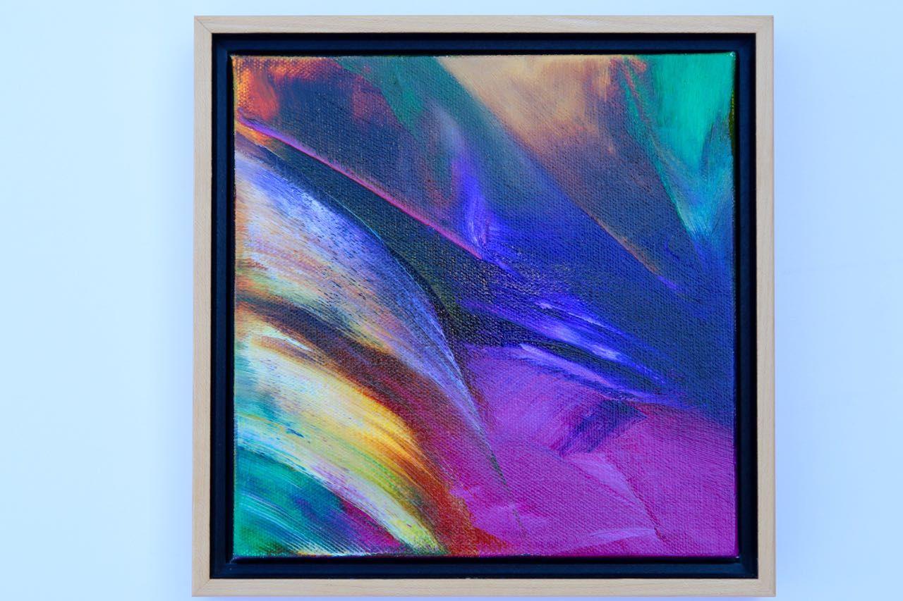 Brilliantly colored leaf and petal shapes in an abstract composition. Framed in a natural maple floater frame, with hanging hardware included. Ready for your wall. :: Painting :: Abstract :: This piece comes with an official certificate of