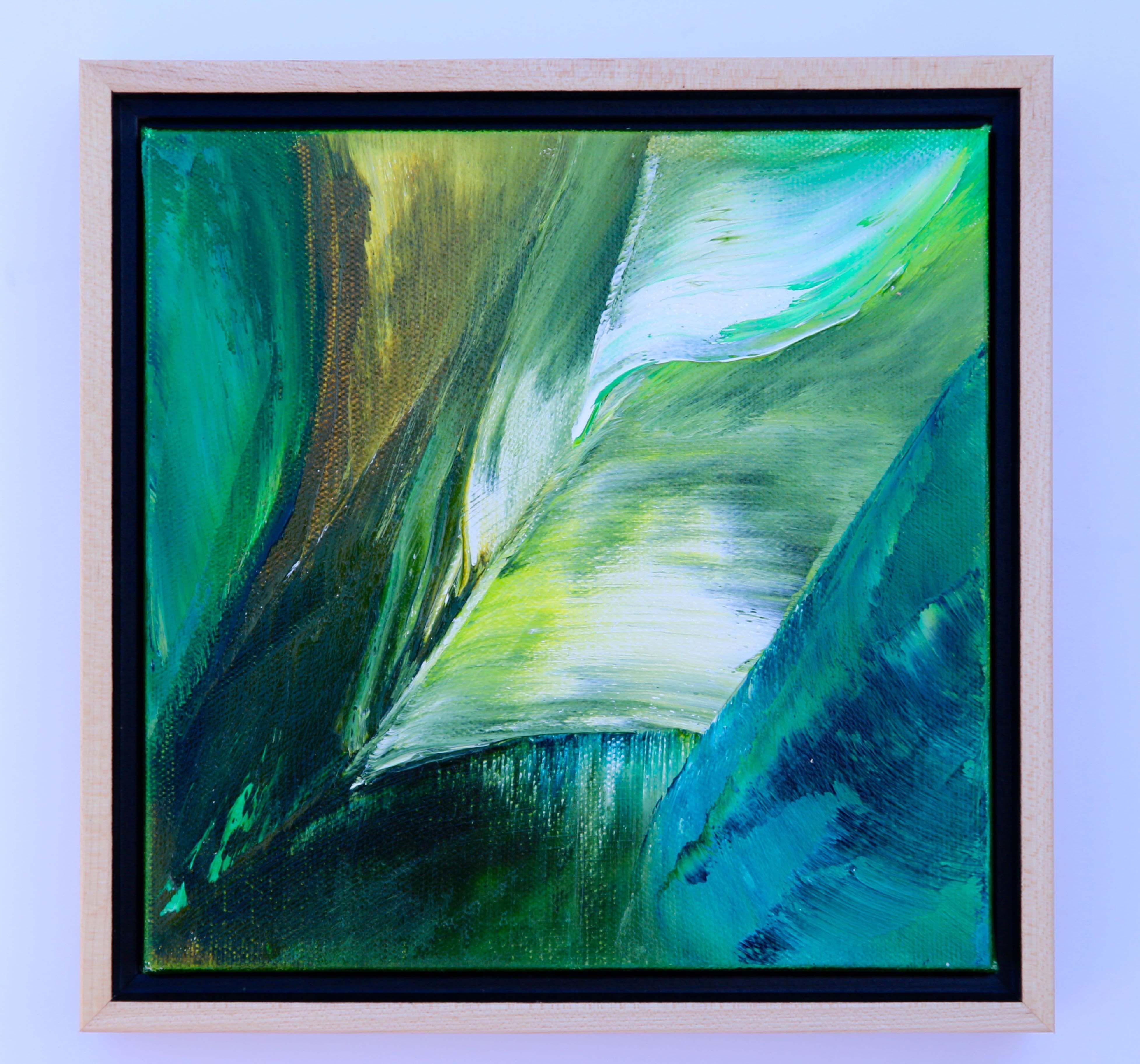 There is something deeply nourishing and refreshing about the color green in nature. This painting is a celebration of the many variations of that beautiful color. The canvas is gallery-wrapped with painted edges, and it's framed in a solid wood