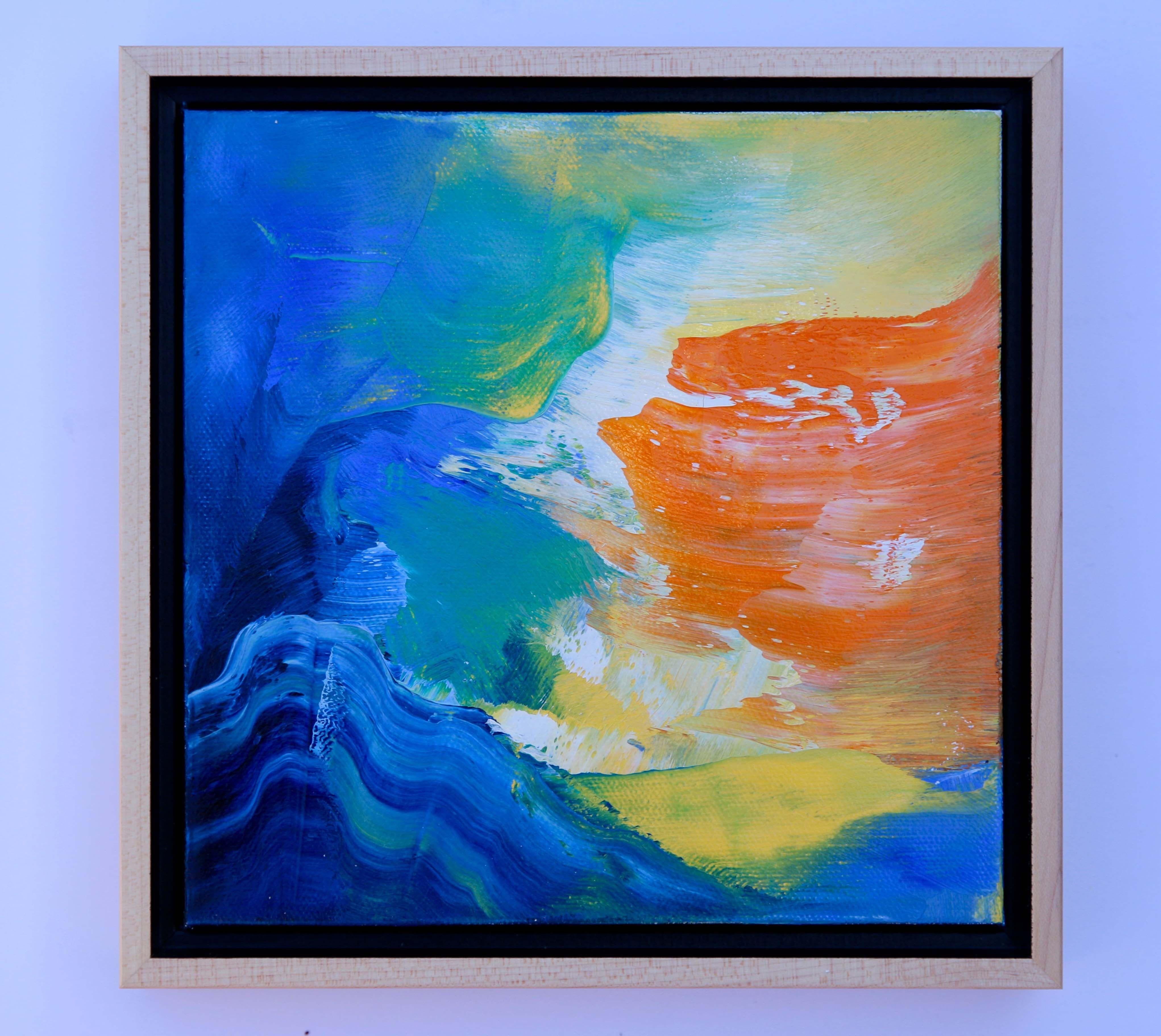 Abstract composition of warm orange and yellow with cool blues, like squinting at the sun while floating in the sea. Framed in solid natural maple floater frame, with hanging hardware included. :: Painting :: Abstract :: This piece comes with an