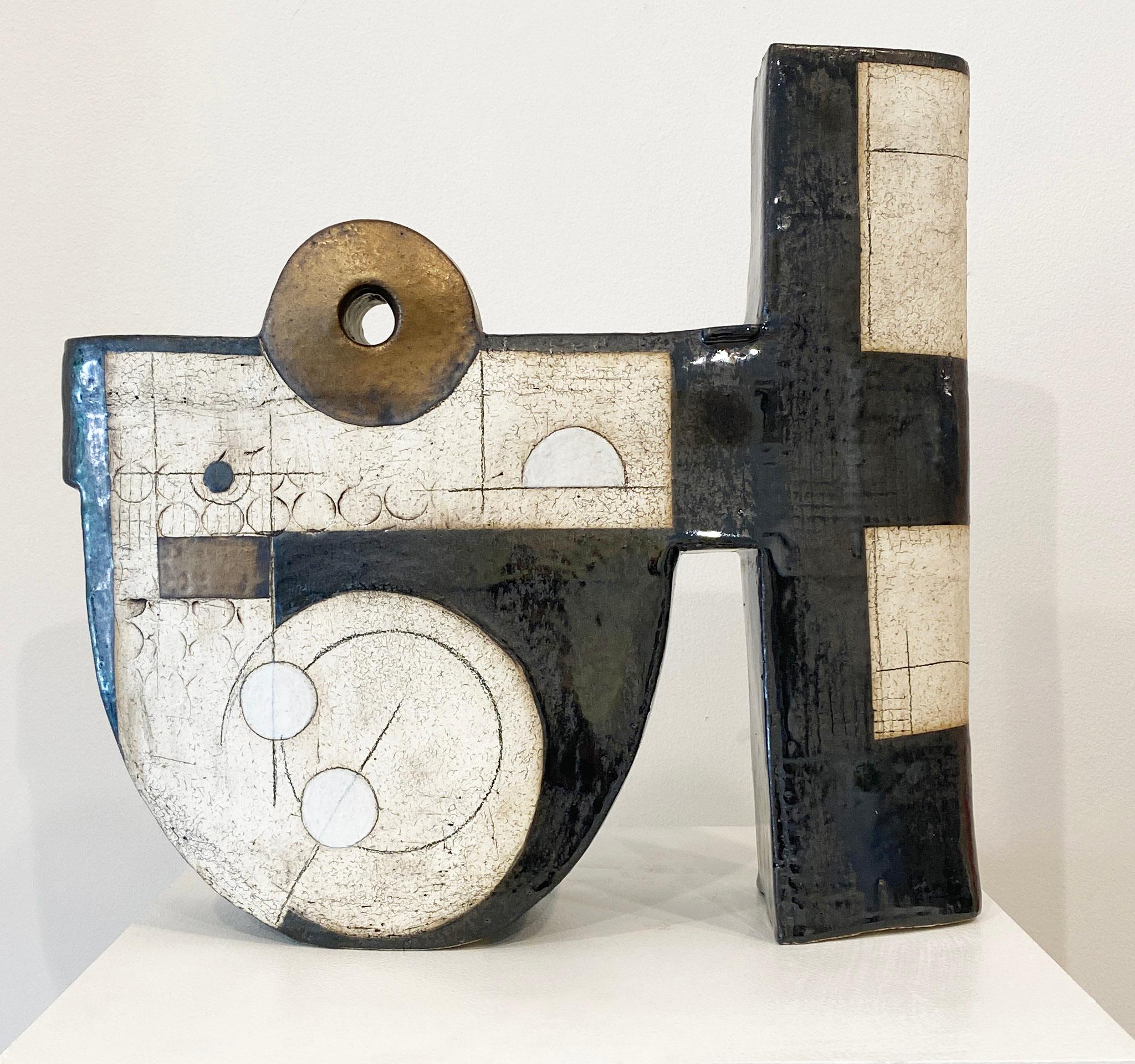 'Moonlight Waltz,' 2022 by Contemporary American artist, Sheryl Zacharia. Ceramic, 14.5 x 16 x 5 in. This sculpture incorporates a bold palette of colors in gold, white, and black. 

Zacharia's table-sized ceramics are a conversation between