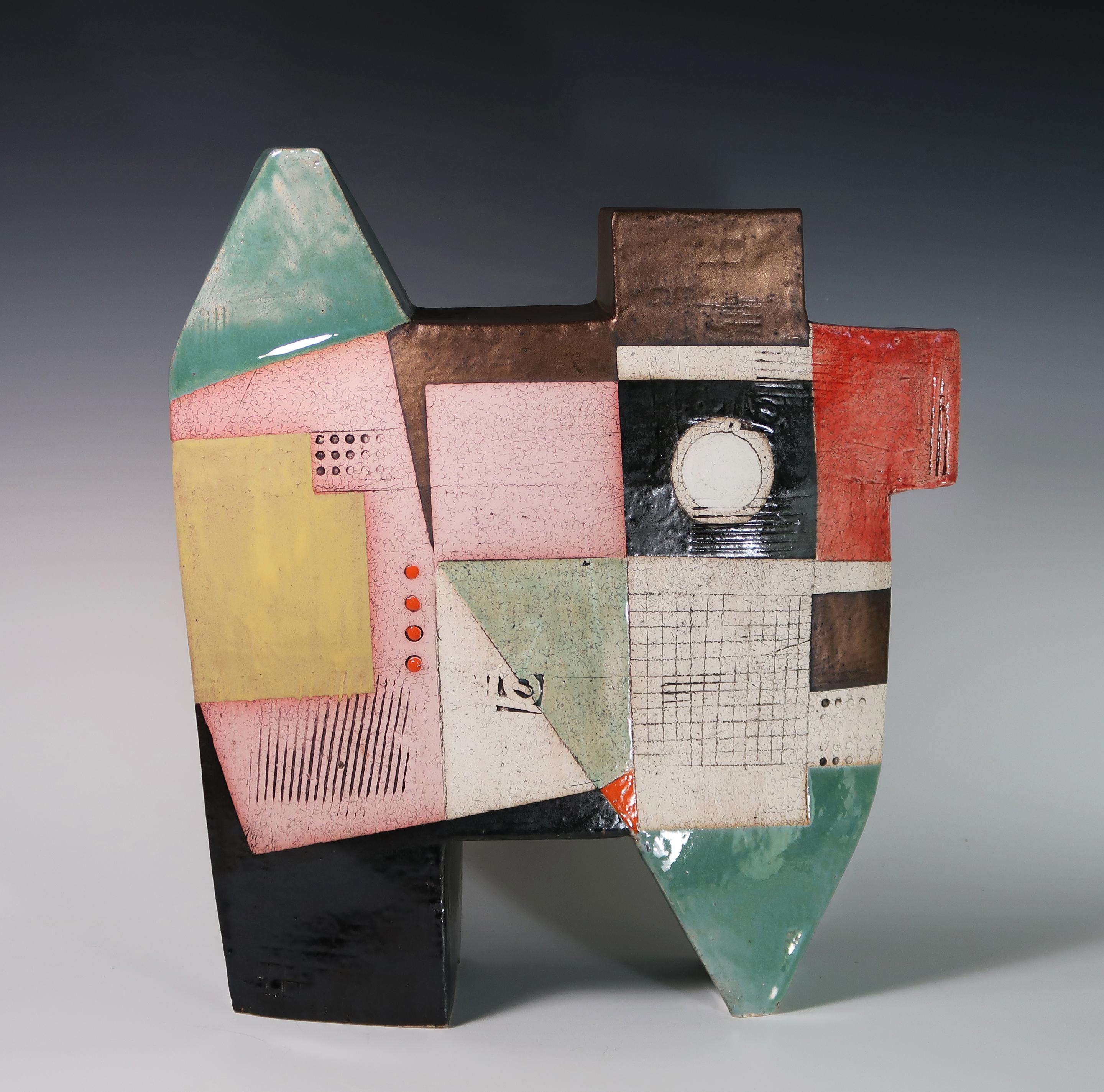 Available at Madelyn Jordon Fine Art. 'Mid Century Sunset' 2024 by Contemporary American artist, Sheryl Zacharia. Ceramic, 16.5 x 16.5 x 4 in.  This sculpture incorporates a rich palette of colors in orange, green, bronze, pink, yellow, white, and