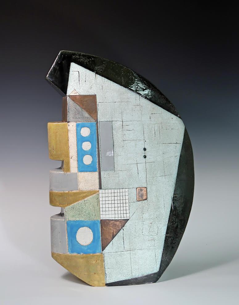 Available at Madelyn Jordon Fine Art. 'Stairway to the Sky' 2023 by Contemporary American artist, Sheryl Zacharia. Ceramic, 24 x 16 x 5 in.  This sculpture incorporates a rich palette of colors in yellow, green, bronze, blue, beige, white, and