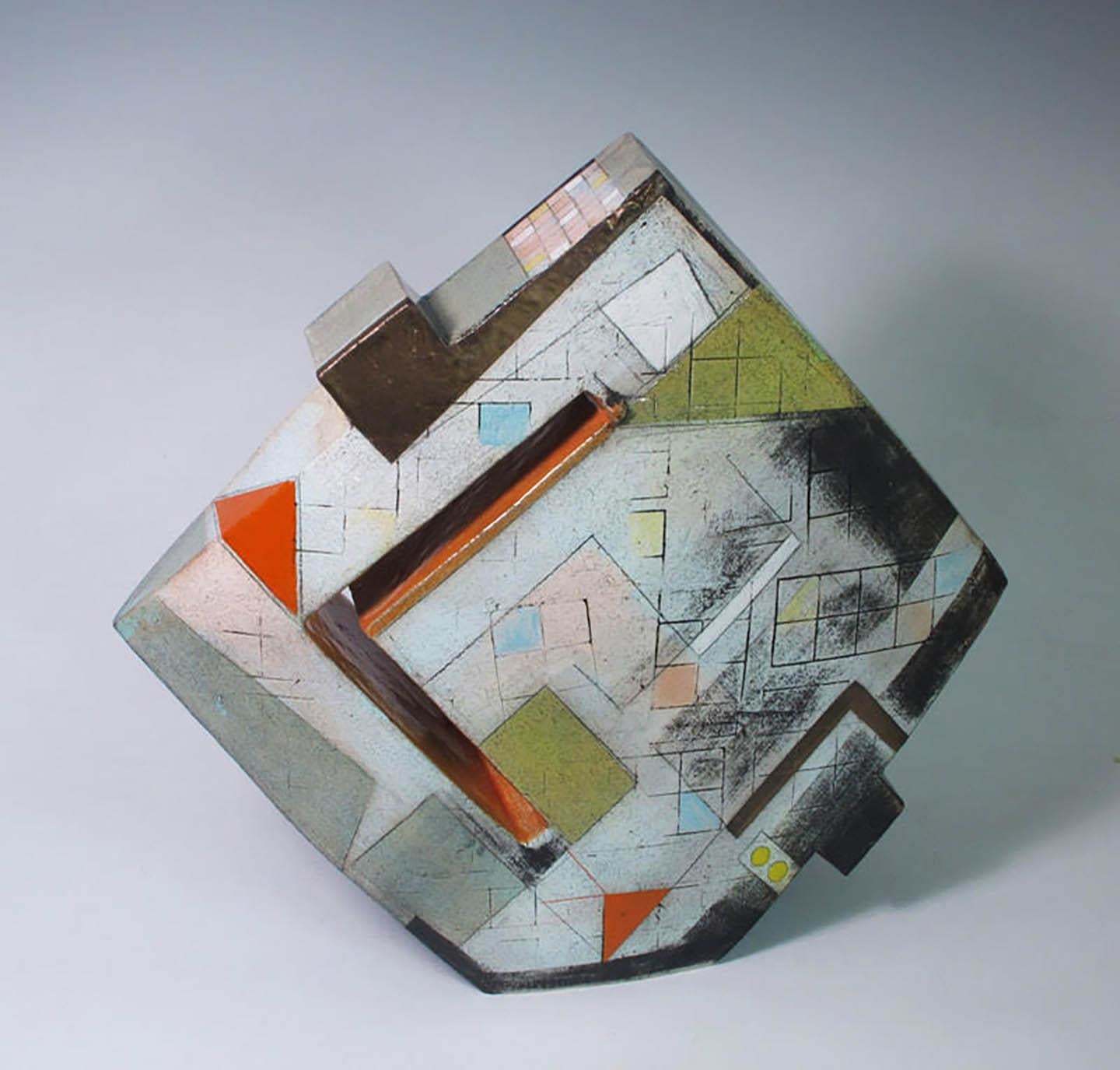 Available at Madelyn Jordon Fine Art. 'Sunset Orange' 2023 by Contemporary American artist, Sheryl Zacharia. Ceramic, 17 x 22 x 6 in.  This sculpture incorporates a rich palette of colors in orange, green, grey, blue, brown, beige, white, and black.