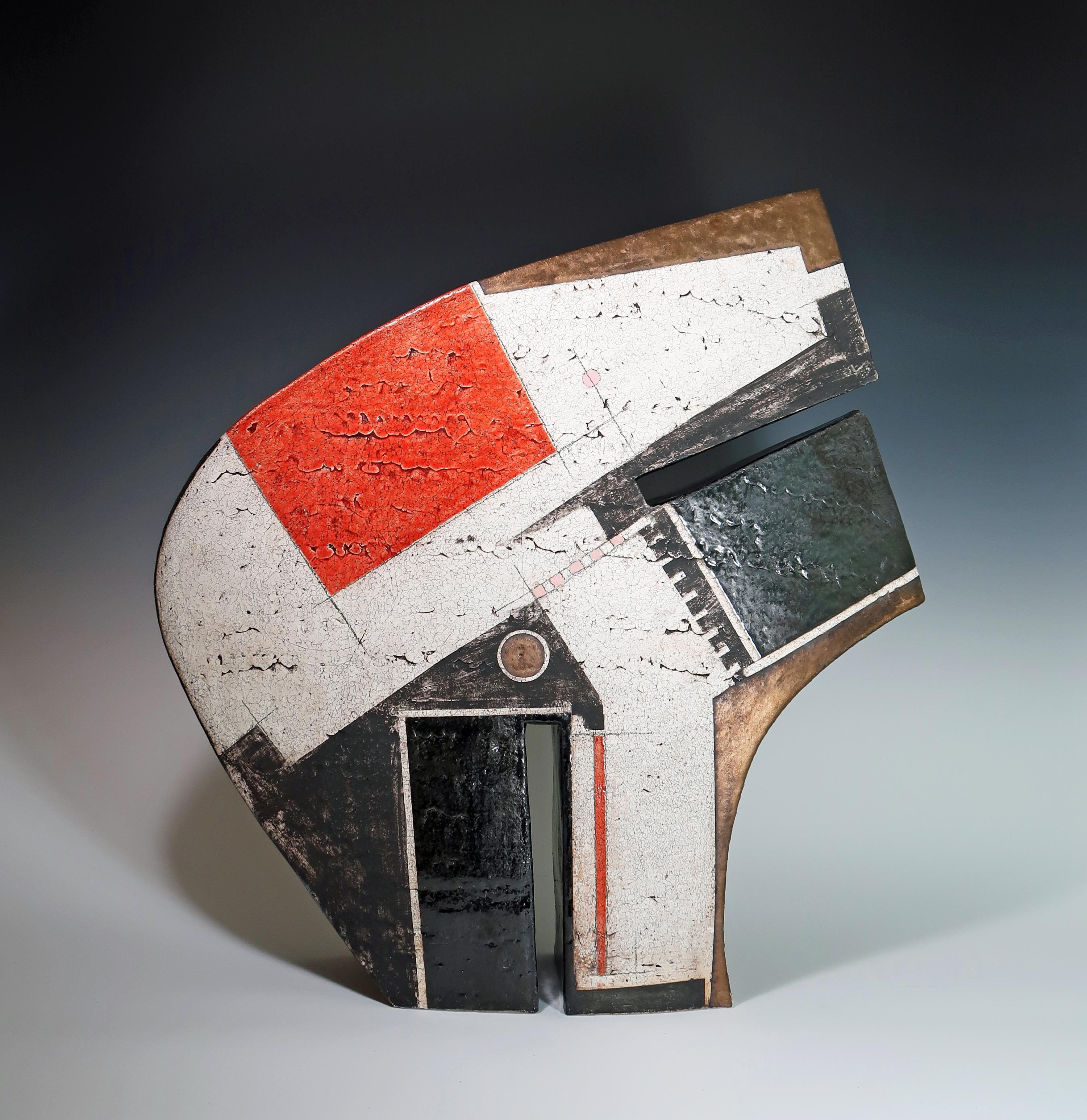 'Wild Thing' 2023 by Contemporary American artist, Sheryl Zacharia. Ceramic, 23 x 23 x 6 in. This sculpture incorporates a rich palette of colors in bronze, red, black, and white. 

Zacharia's table-sized ceramics are a conversation between geometry