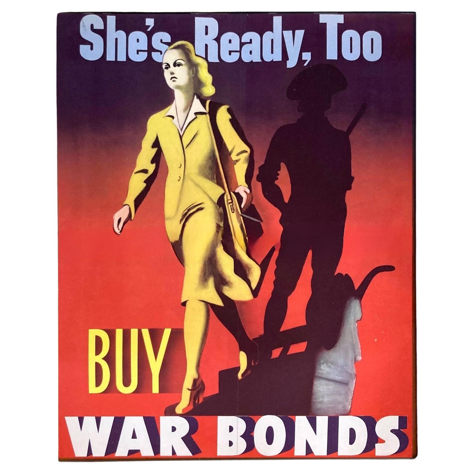 Presented is a vintage WWII War Bonds poster, printed in 1942. In the poster, a confident woman sets out with conviction to buy war bonds, her hand over her pocketbook. As the woman walks, she leaves behind the shadow of the Concord minutemen. The