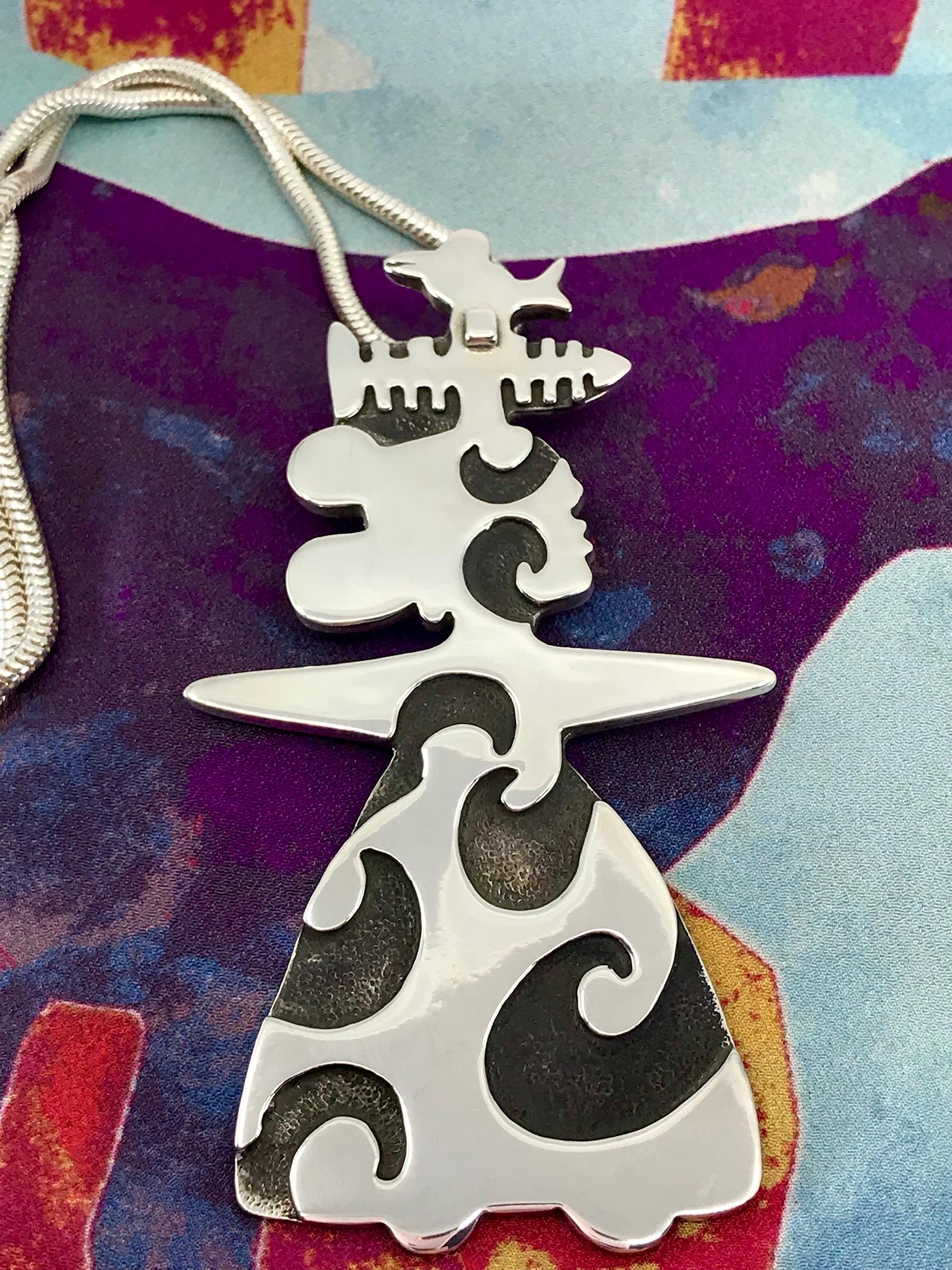 Contemporary She's Singing, by Melanie Yazzie, silver, pendant, enhancer, woman, fish, bird For Sale