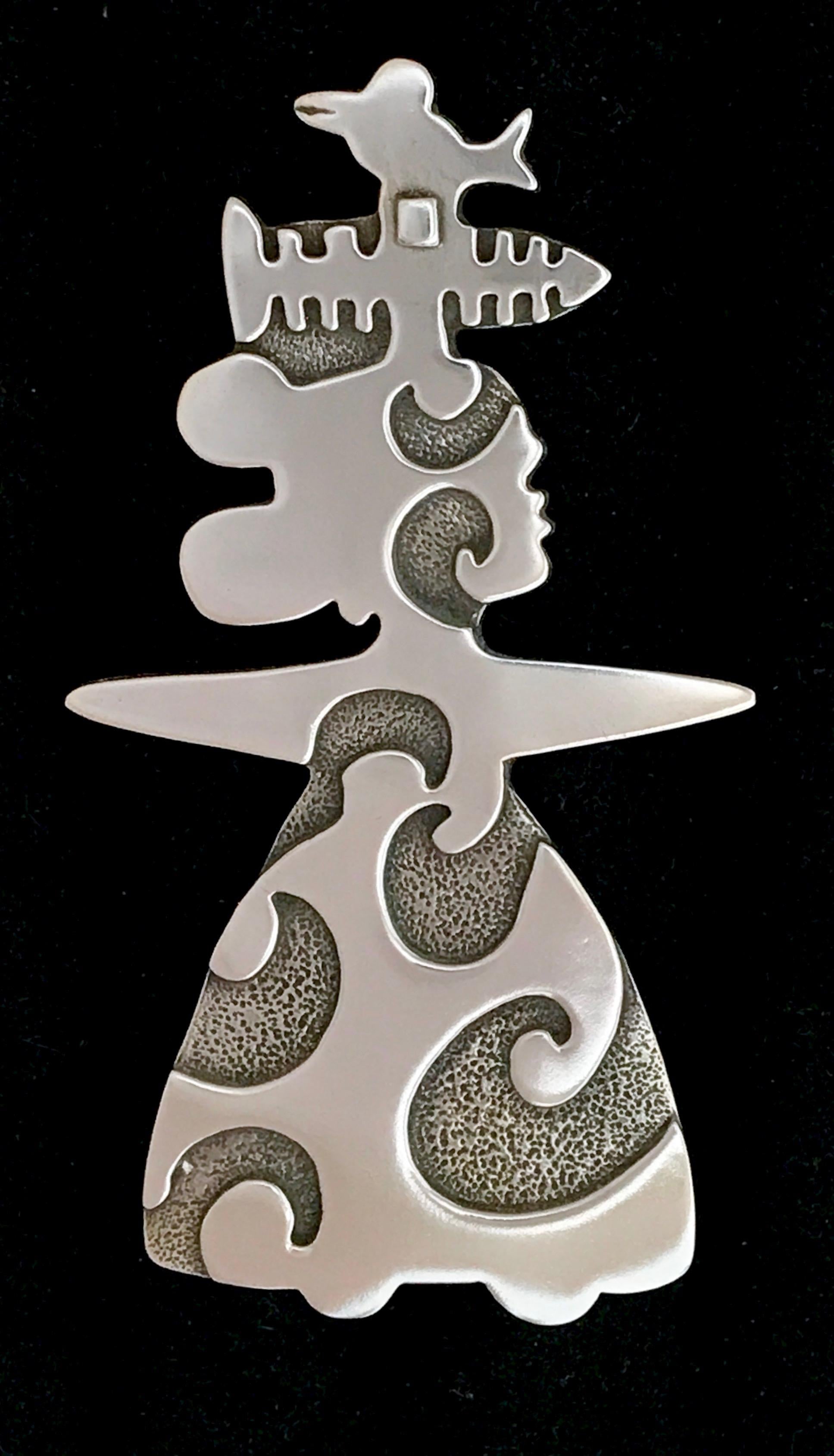 She's Singing, by Melanie Yazzie, silver, pendant, enhancer, woman, fish, bird For Sale 1