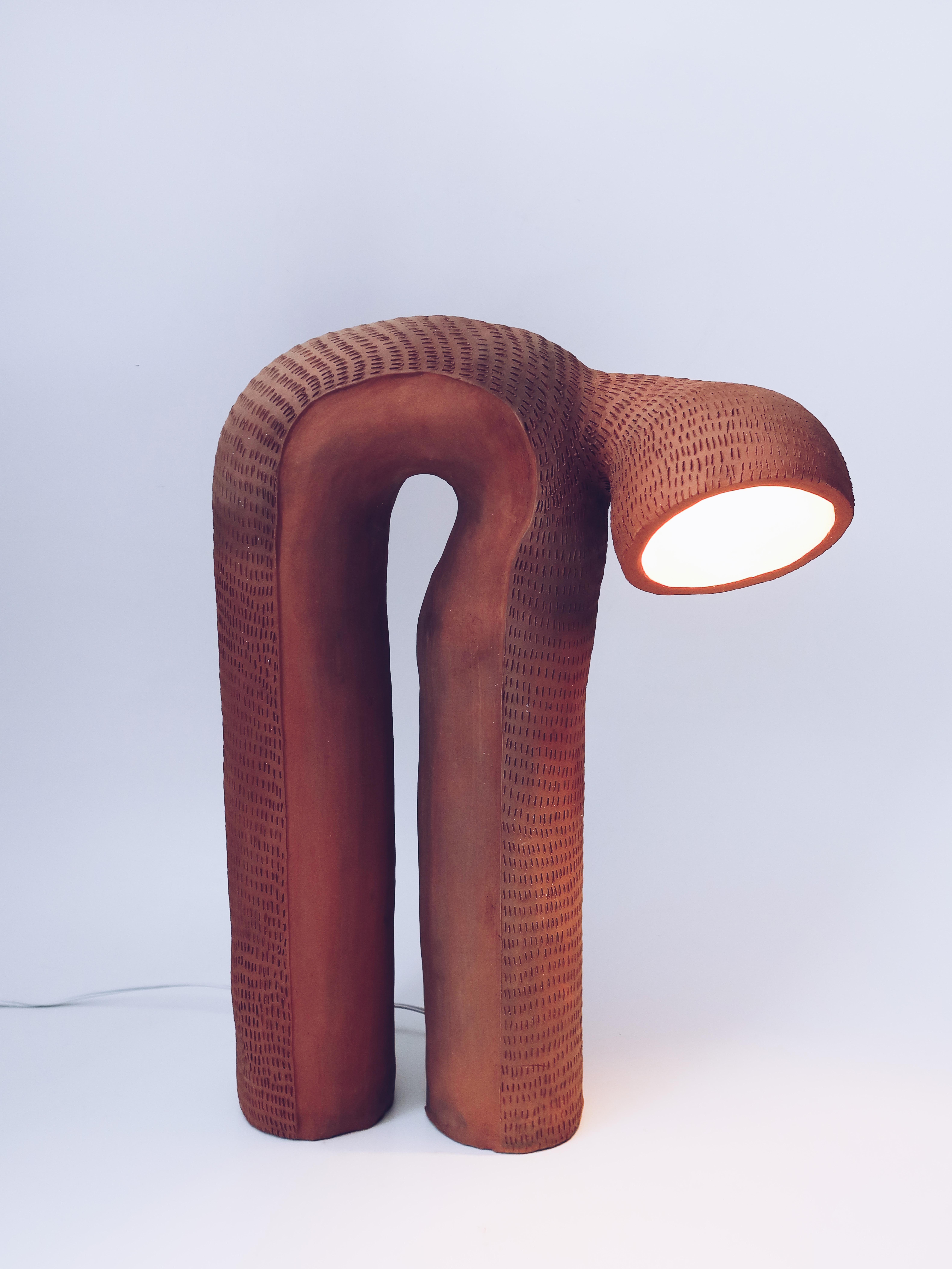 Sheye lamp by Jan Ernst
Dimensions: W 40 x D 15 x H 50 cm
Materials: Terracotta, white stoneware

All our lamps can be wired according to each country. If sold to the USA it will be wired for the USA for instance

Jan Ernst’s work takes on an