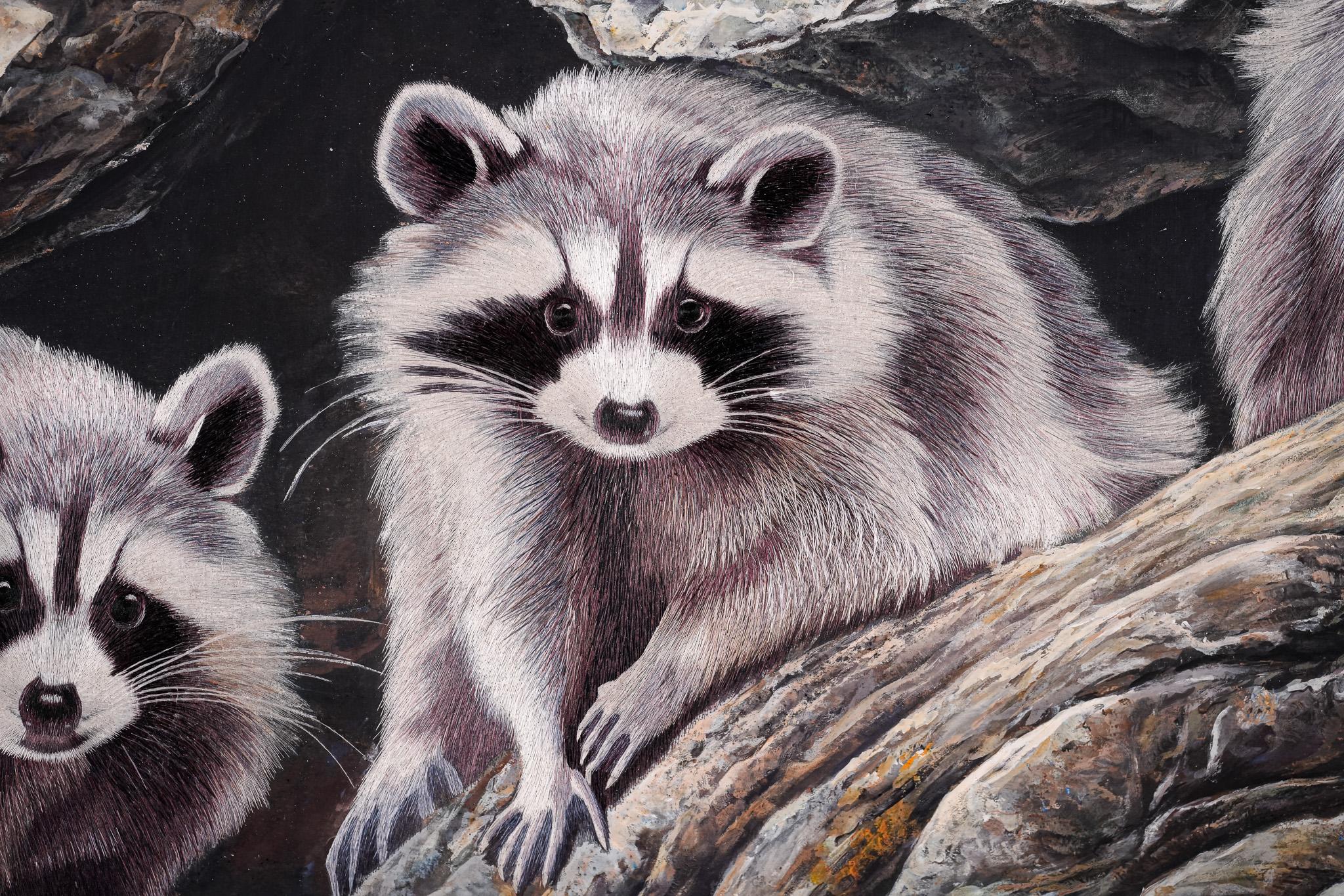 Raccoons ist eines der ersten vierzig Werke zum Thema Tiere, die Shi Jun in Zusammenarbeit mit Liang Yi Culture aus Taiwan geschaffen hat, und es zeigt auf perfekte Weise die Kunst der 