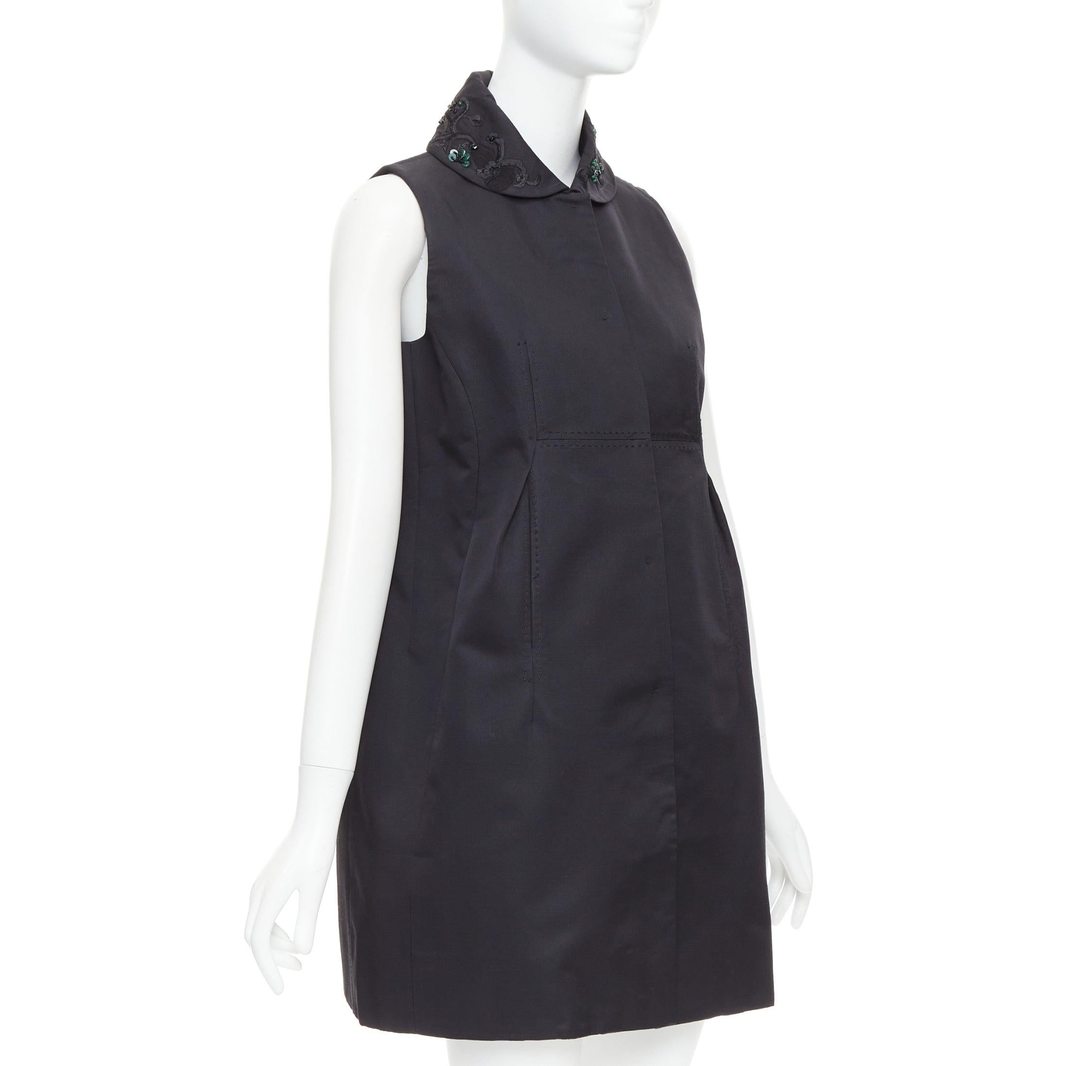 Black SHIATZY CHEN black wool silk green faux jade embellished long vest IT42 M For Sale