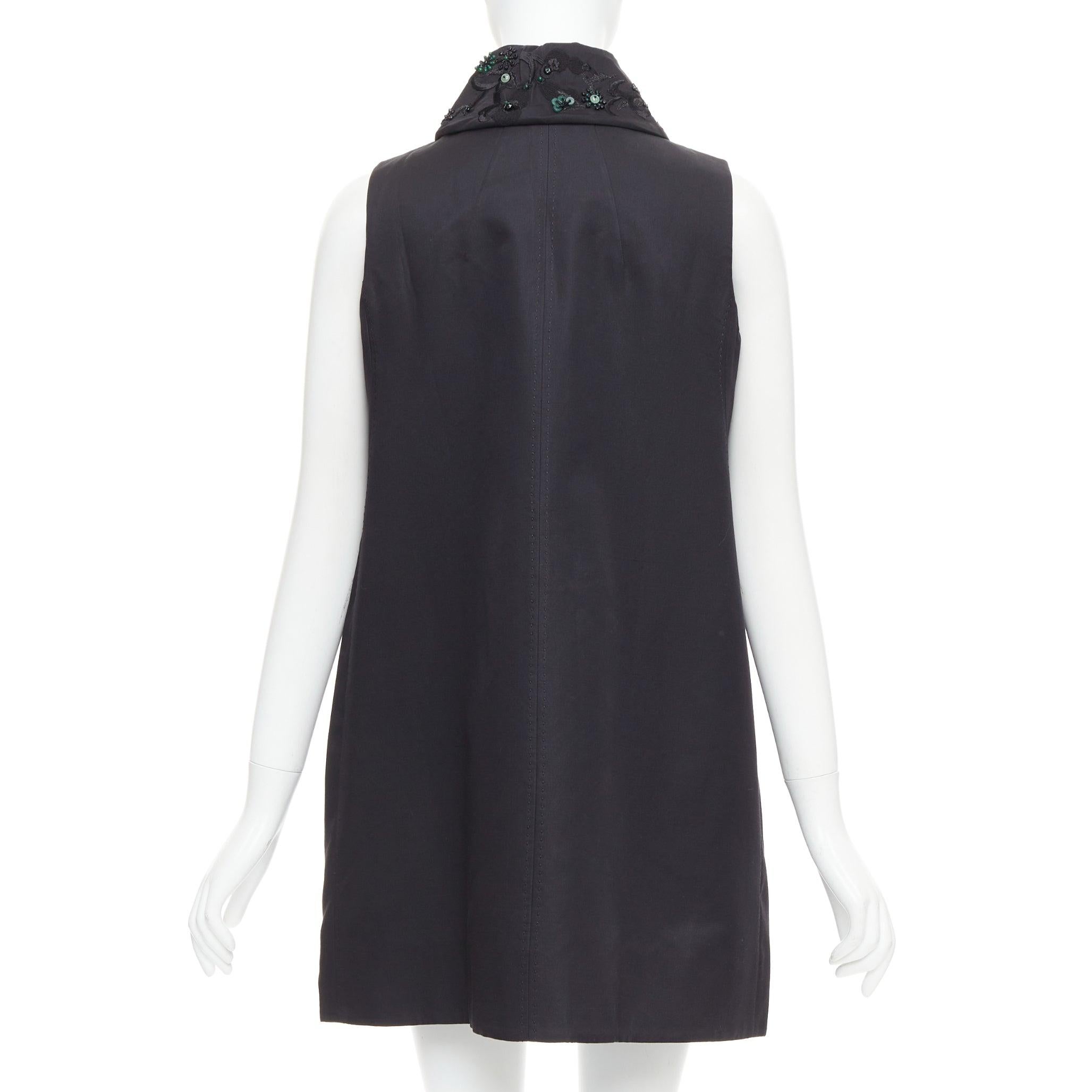 Women's SHIATZY CHEN black wool silk green faux jade embellished long vest IT42 M For Sale